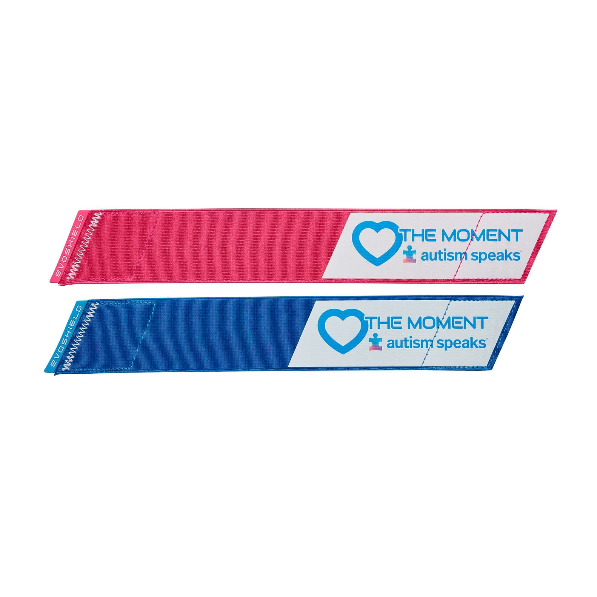 Evoshield Autism Speaks double strap elbow guard in pink and blue with signature logo, promoting inclusion and support.