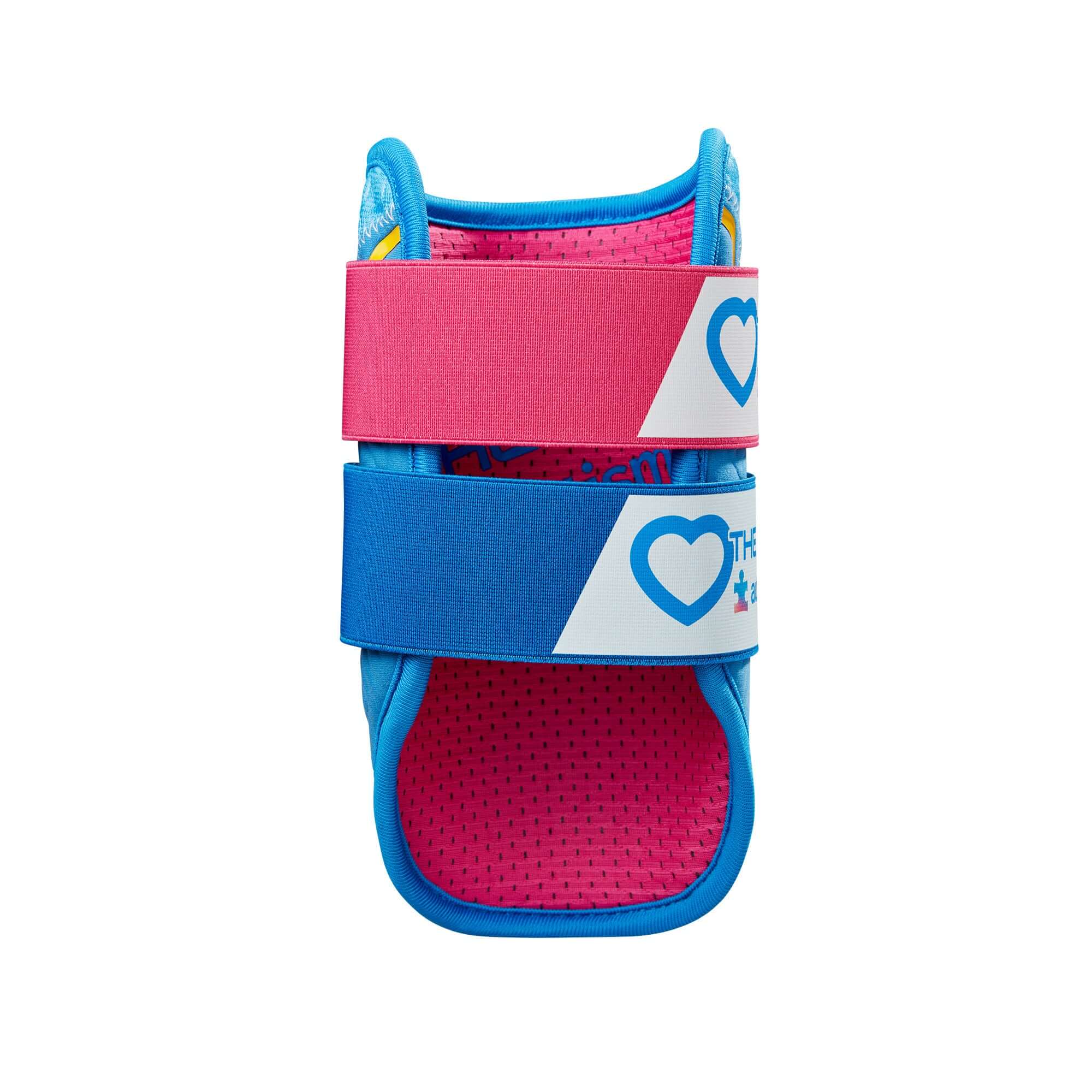 Evoshield 2024 X-SRZ Autism Speaks double strap elbow guard in blue and pink with heart logo, designed for baseball and softball.