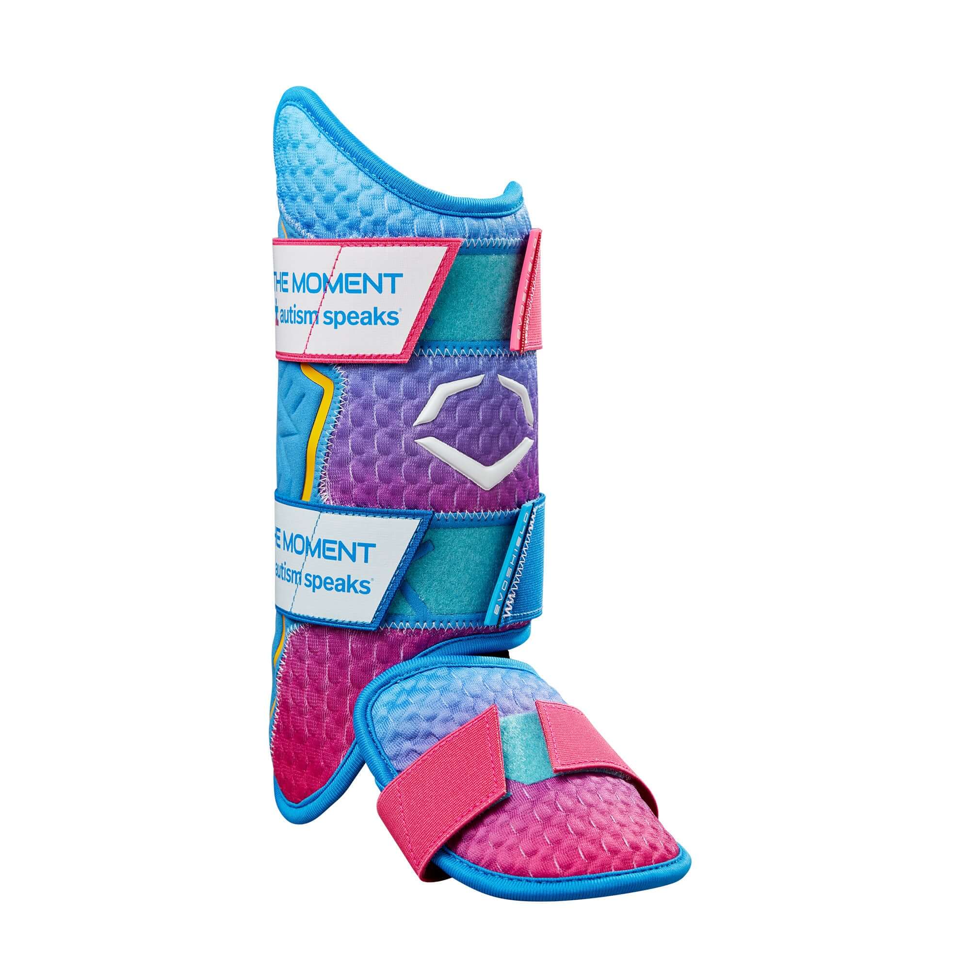 Evoshield 2024 X-SRZ Autism Speaks Leg Guard in pink and purple with 3D Cloud Mesh for baseball and softball protection.