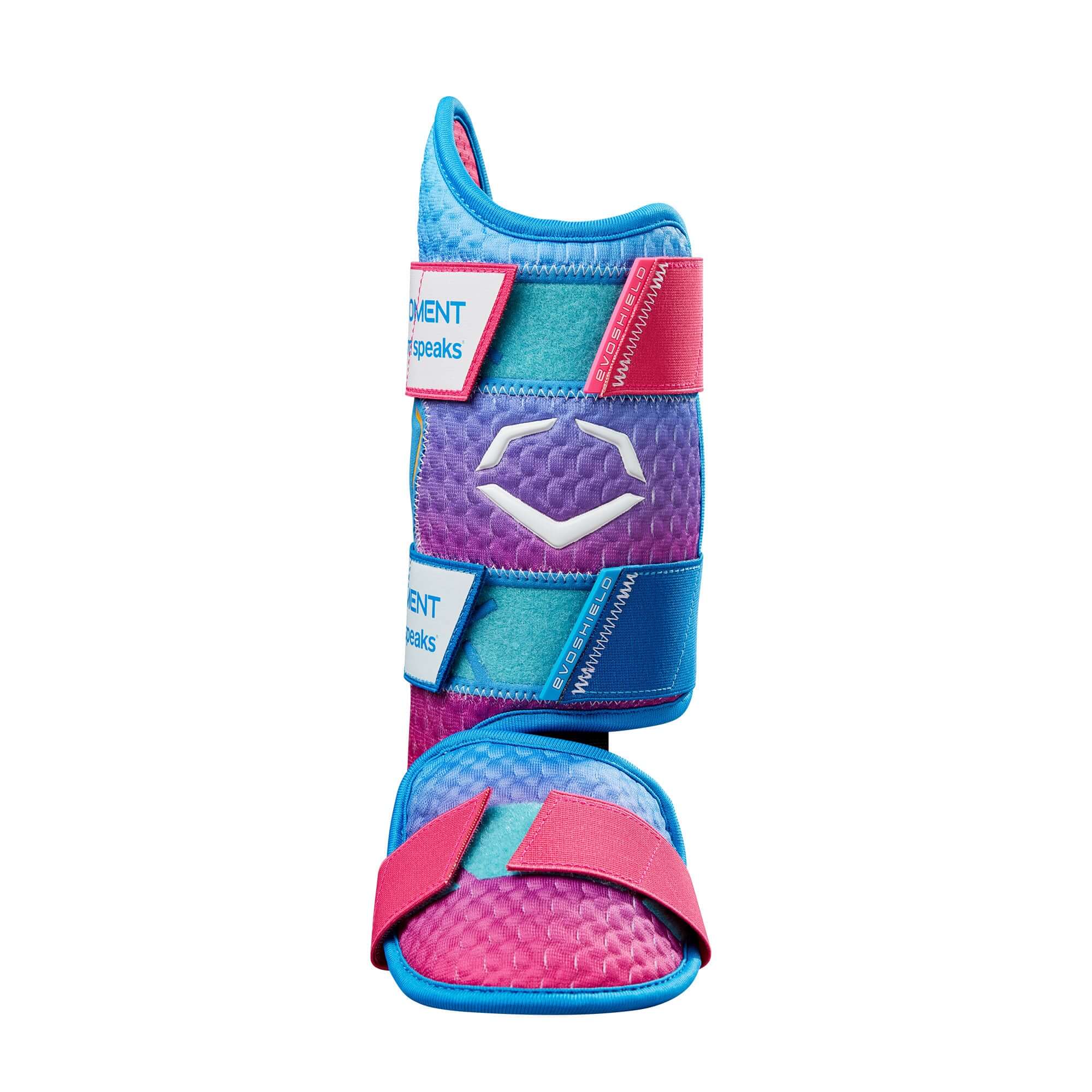Evoshield 2024 X-SRZ Autism Speaks Leg Guard in pink, purple, and blue, featuring 3D Cloud Mesh design for comfort and protection.