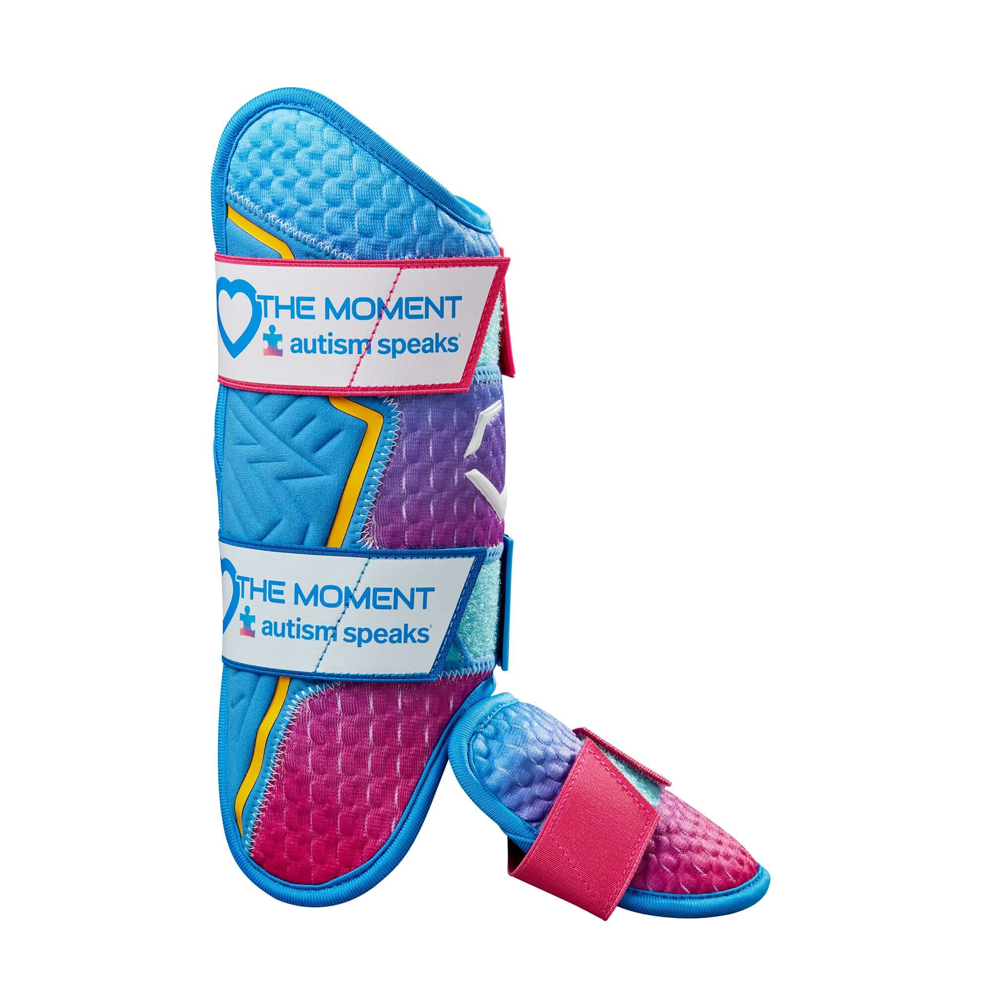 Evoshield 2024 X-SRZ Autism Speaks Leg Guard in Sky Blue to Pink gradient with logo, designed for baseball and softball.
