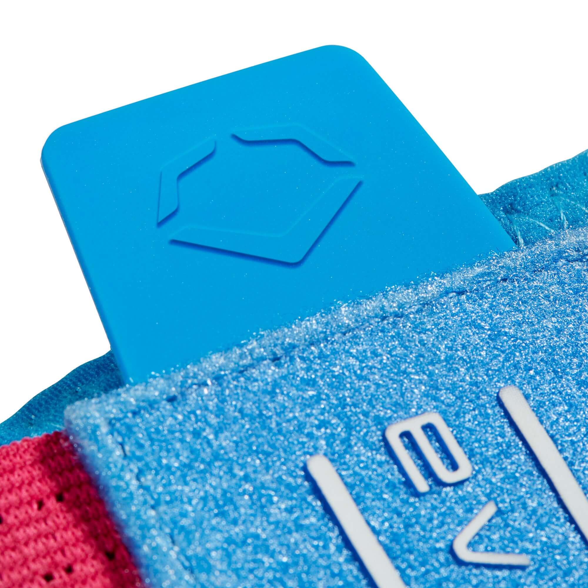 Close-up of the EvoShield X-SRZ Sliding Mitt 2.0 showing the blue protective plate and textured fabric details.