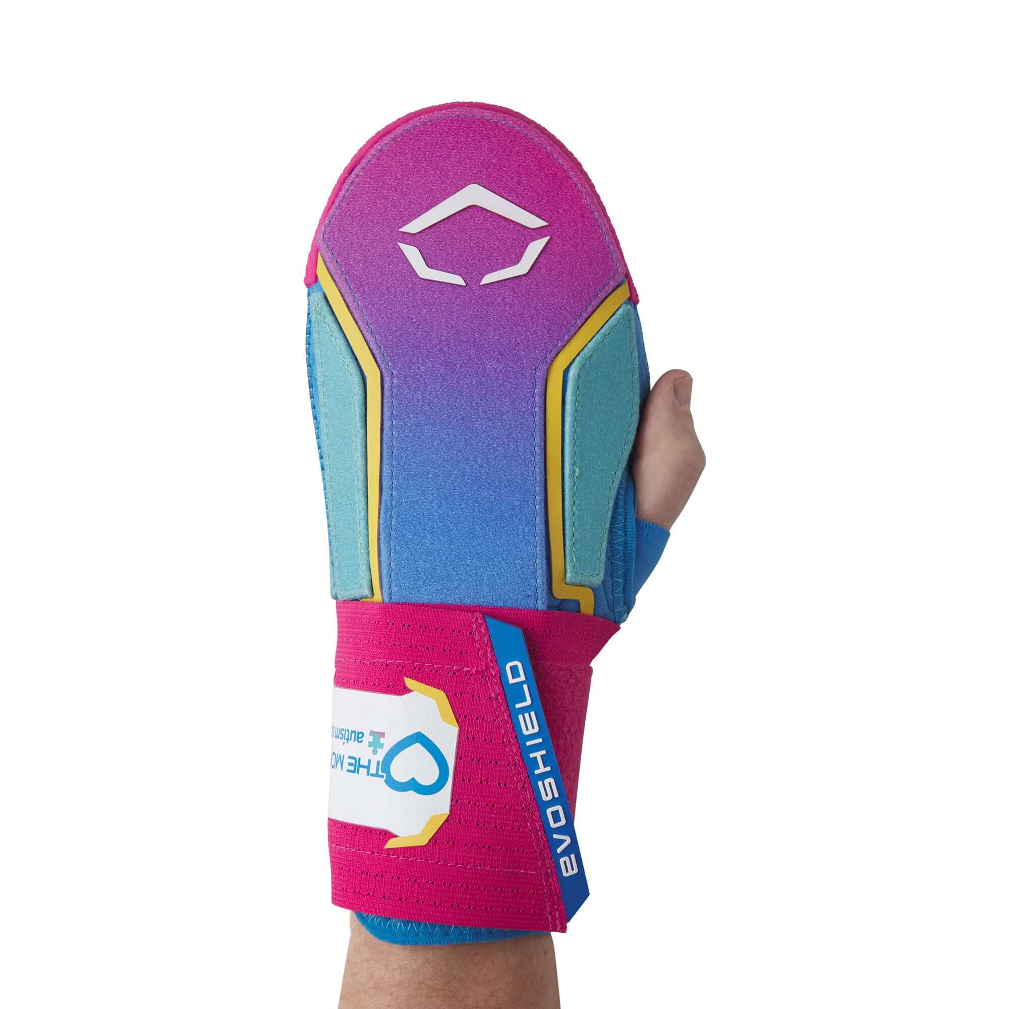 Evoshield X-SRZ Autism Speaks Sliding Mitt 2.0 with blue to pink gradient, showcasing protective design for hand safety.