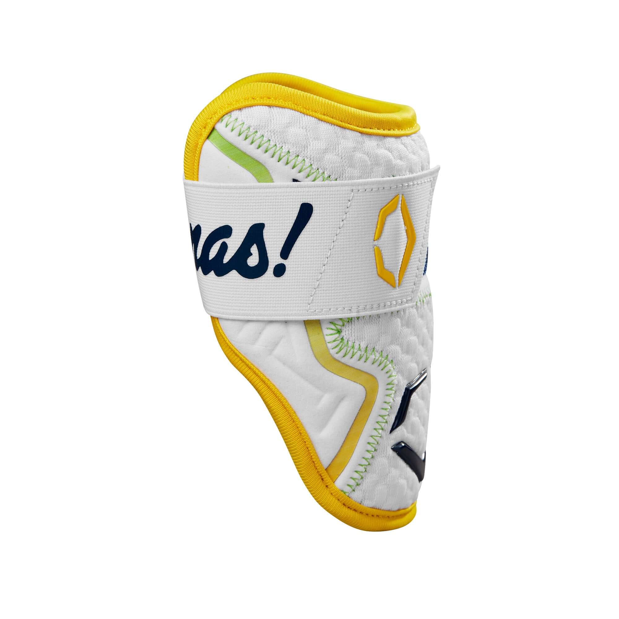 Evoshield X-SRZ Savannah Bananas Elbow Guard in white and yellow with navy logo and vibrant stitching details.
