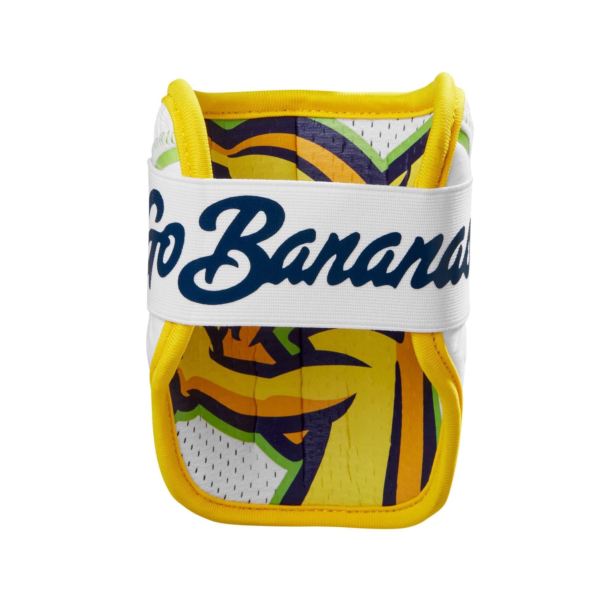 Evoshield X-SRZ Savannah Bananas Elbow Guard in white and yellow with "Go Bananas" text and vibrant team colors.