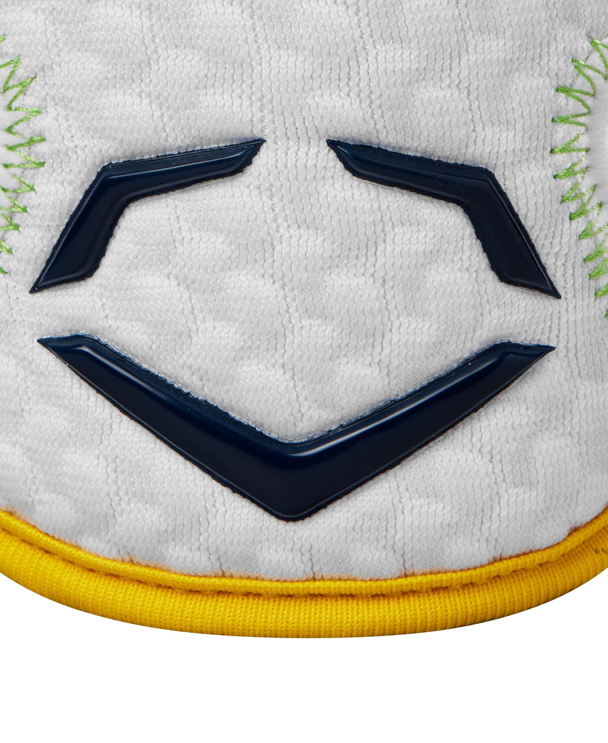 Close-up of EvoShield logo and stitching details on the X-SRZ Savannah Bananas Elbow Guard in white and yellow colors.