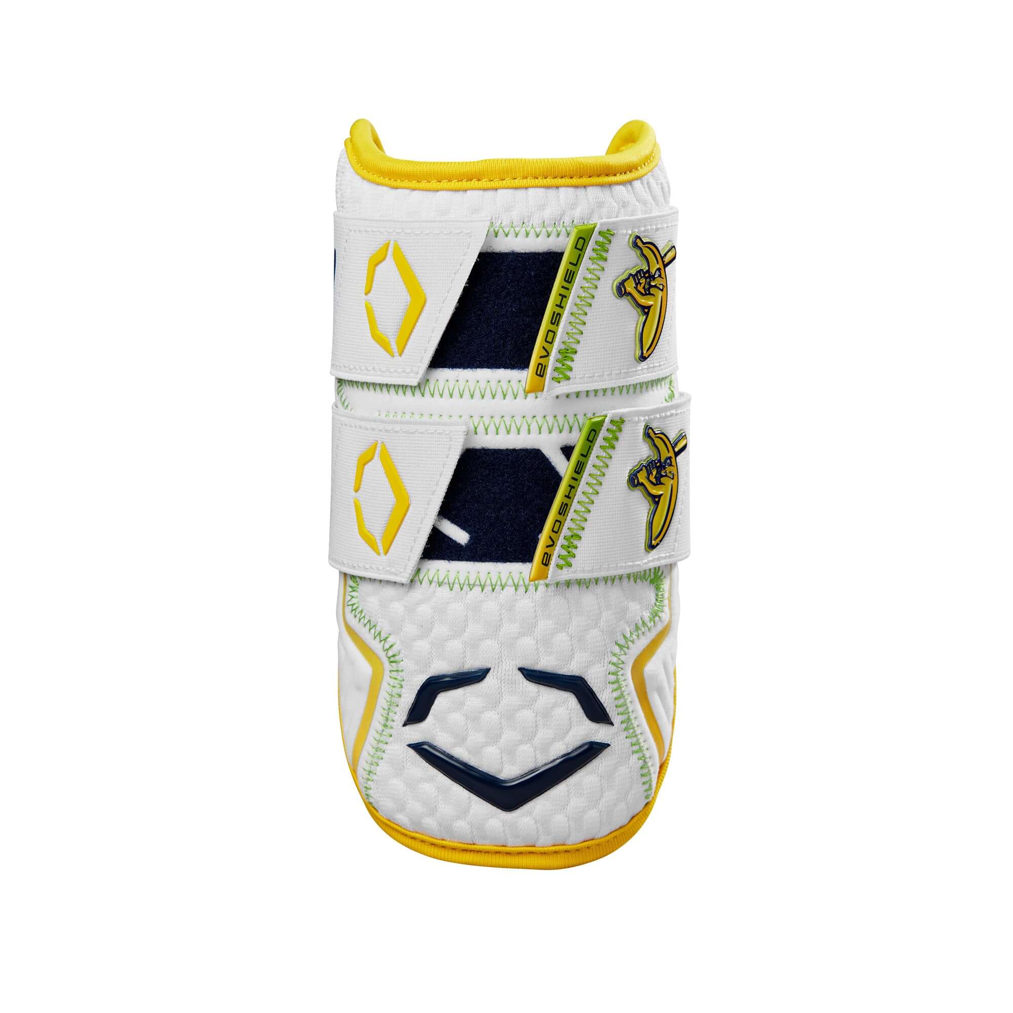 Evoshield X-SRZ Savannah Bananas Double Strap Elbow Guard in white and yellow with neon green stitching.