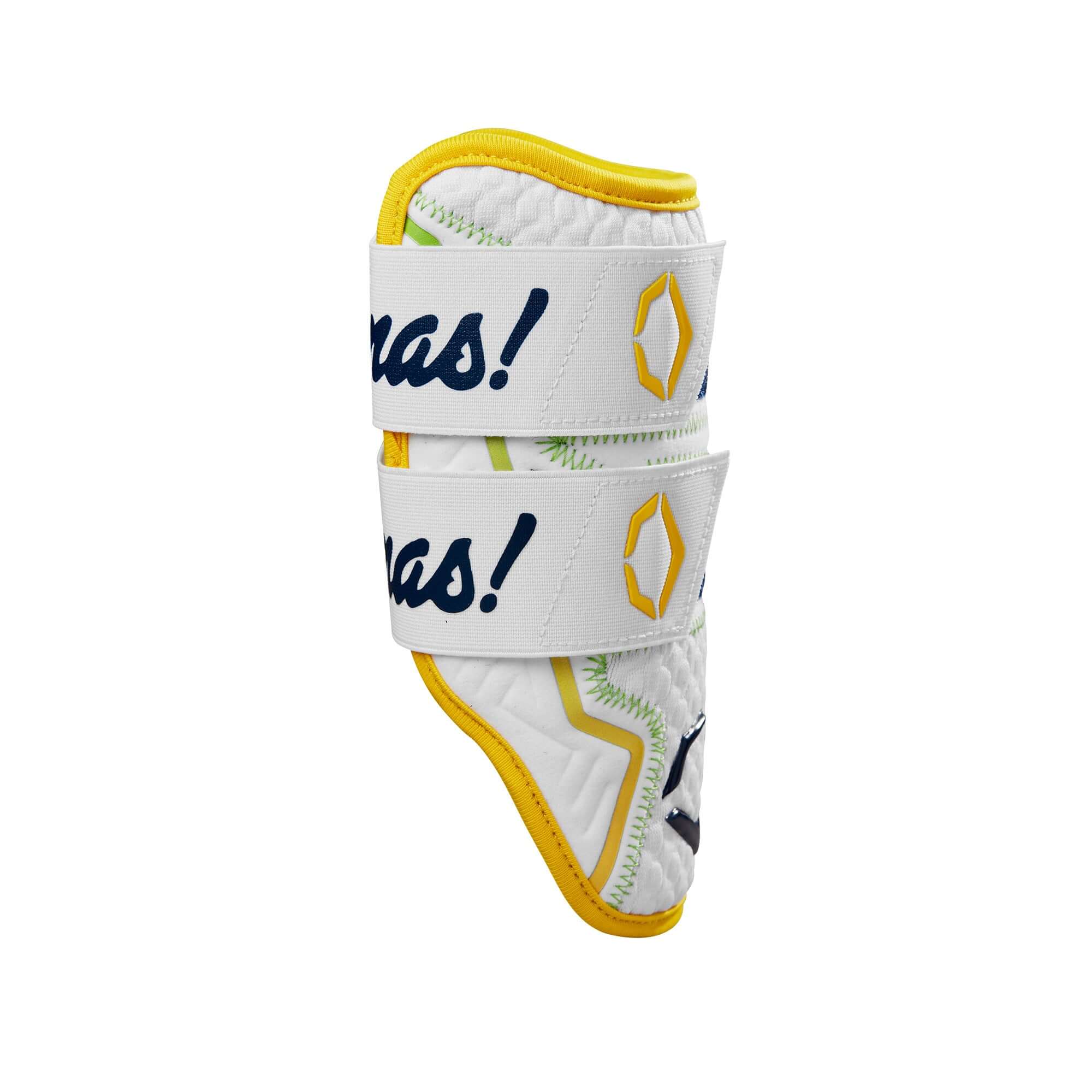 Evoshield X-SRZ Savannah Bananas Double Strap Elbow Guard in white and yellow, featuring Gel-to-Shell technology.