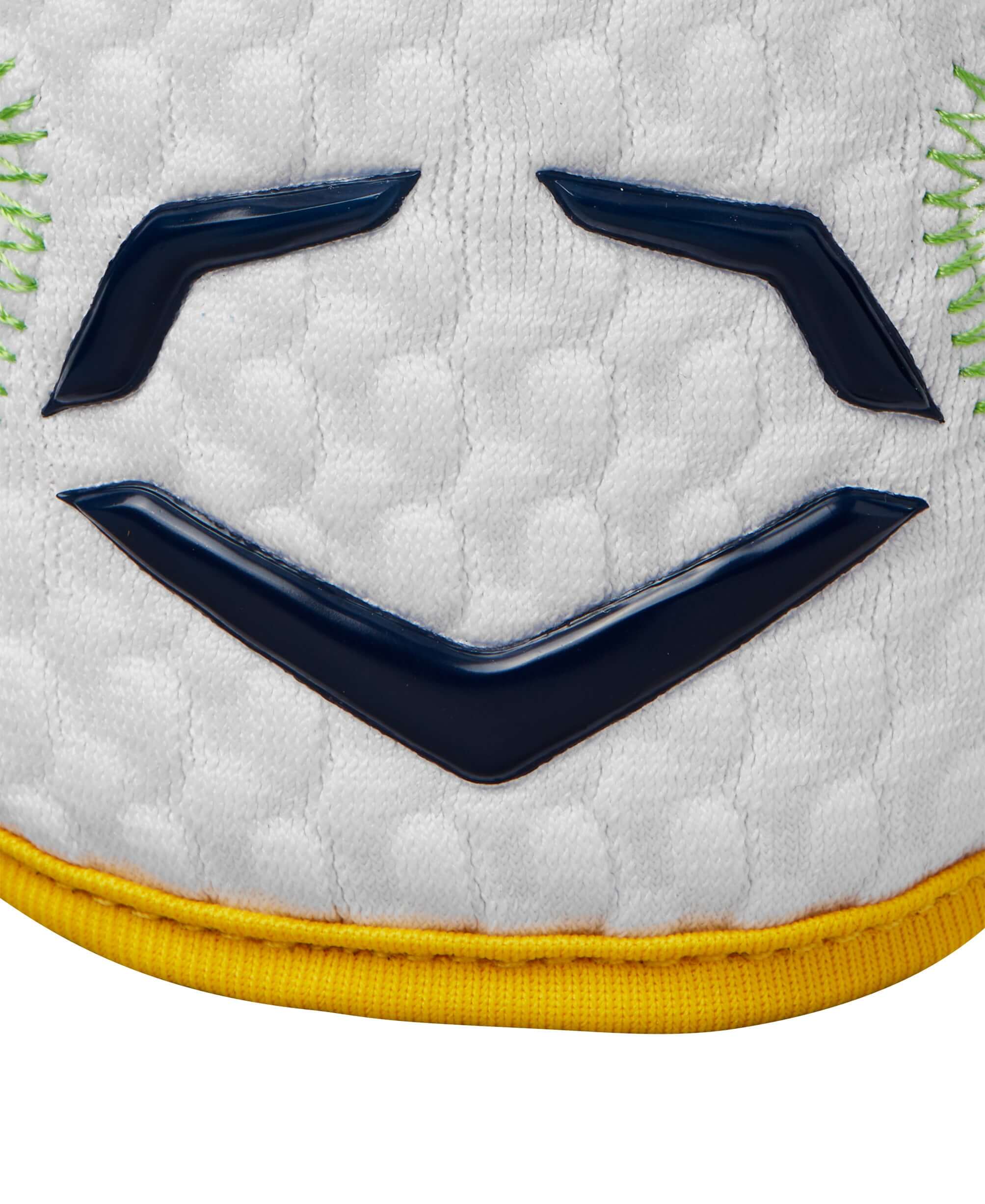 Close-up of the Evoshield X-SRZ Savannah Bananas Elbow Guard with yellow trim and navy logo detail.