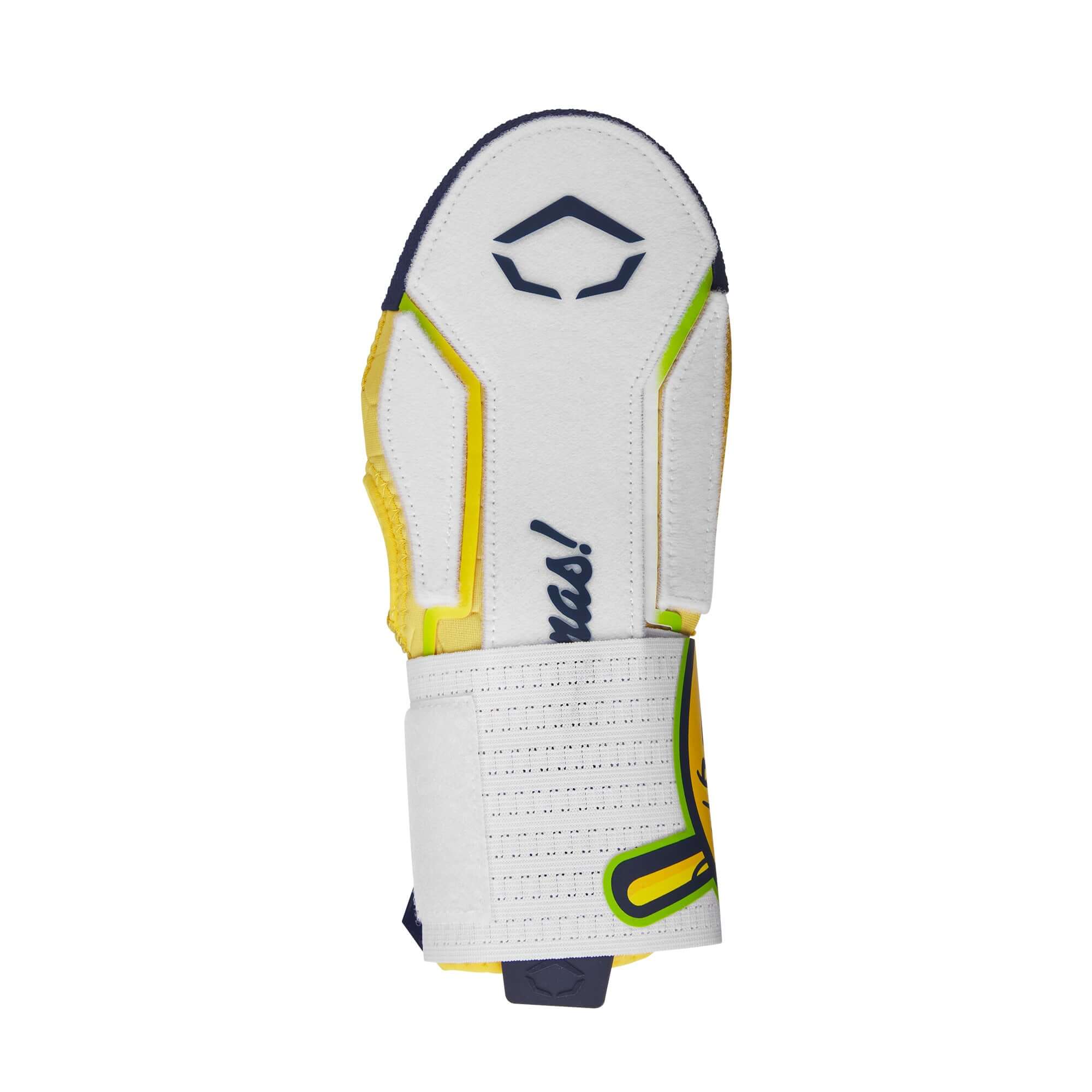 Evoshield X-SRZ Savannah Bananas Sliding Mitt 2.0 in white and yellow, featuring "Go Bananas!" on wrist straps.