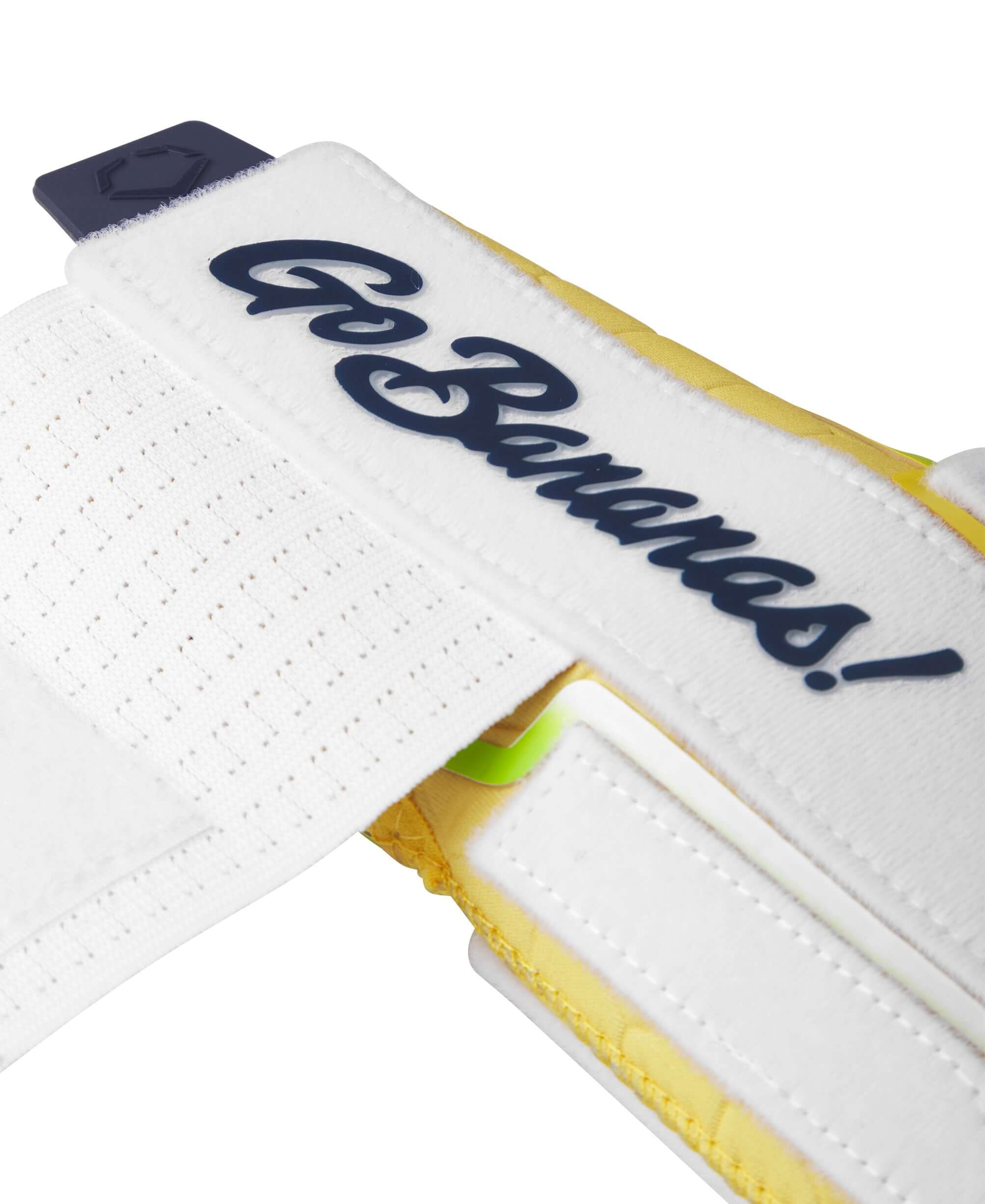 Evoshield X-SRZ Savannah Bananas Sliding Mitt 2.0 wrist strap featuring "Go Bananas!" text in navy on a white background.