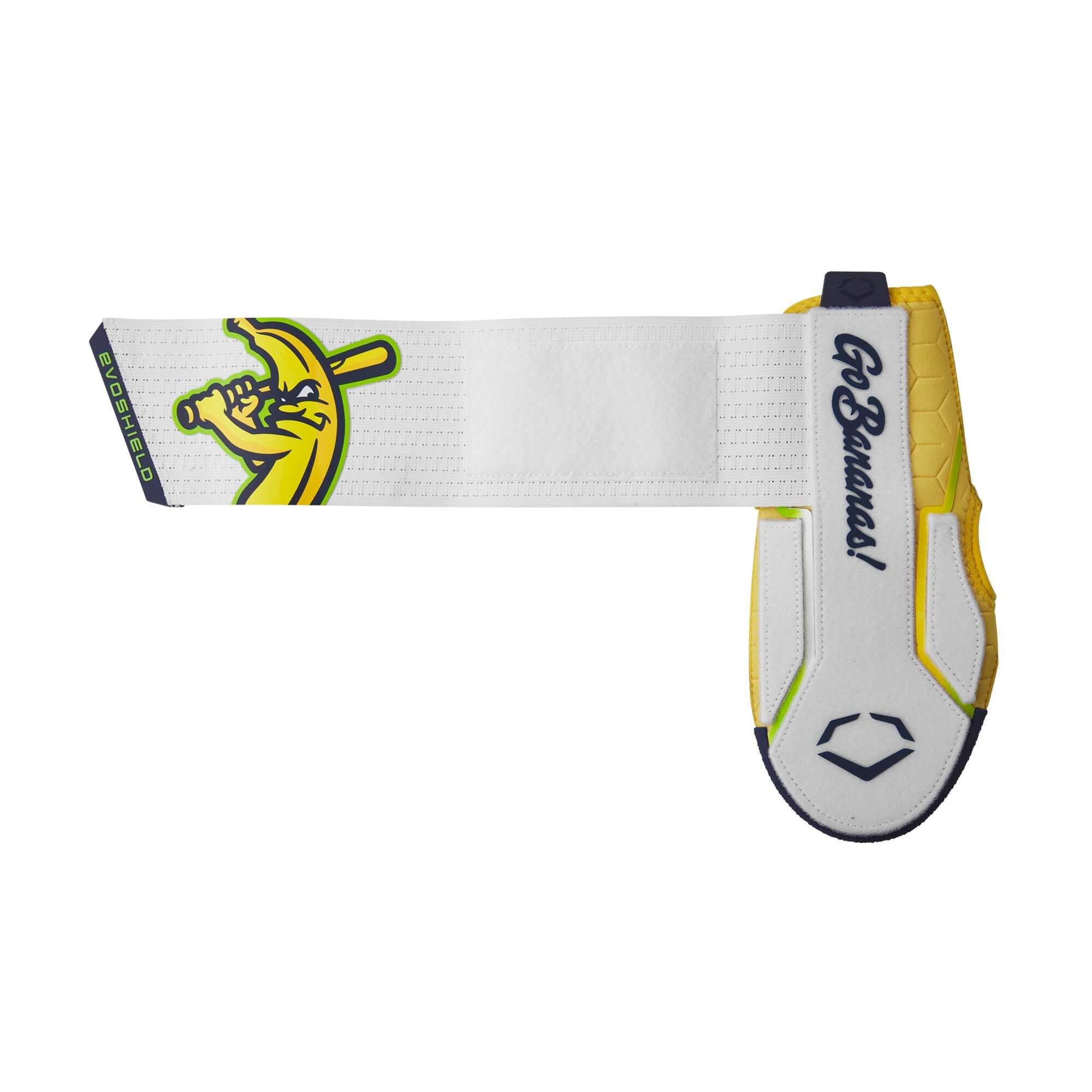 Evoshield X-SRZ Savannah Bananas Sliding Mitt 2.0 in white and yellow with logo and "Go Bananas!" text.