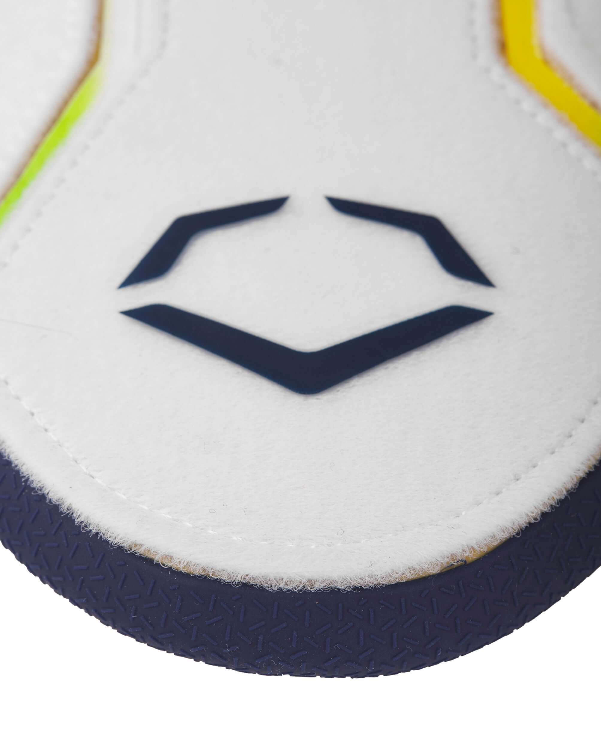 Close-up of the Evoshield logo on the Savannah Bananas Sliding Mitt 2.0 in white and yellow design.