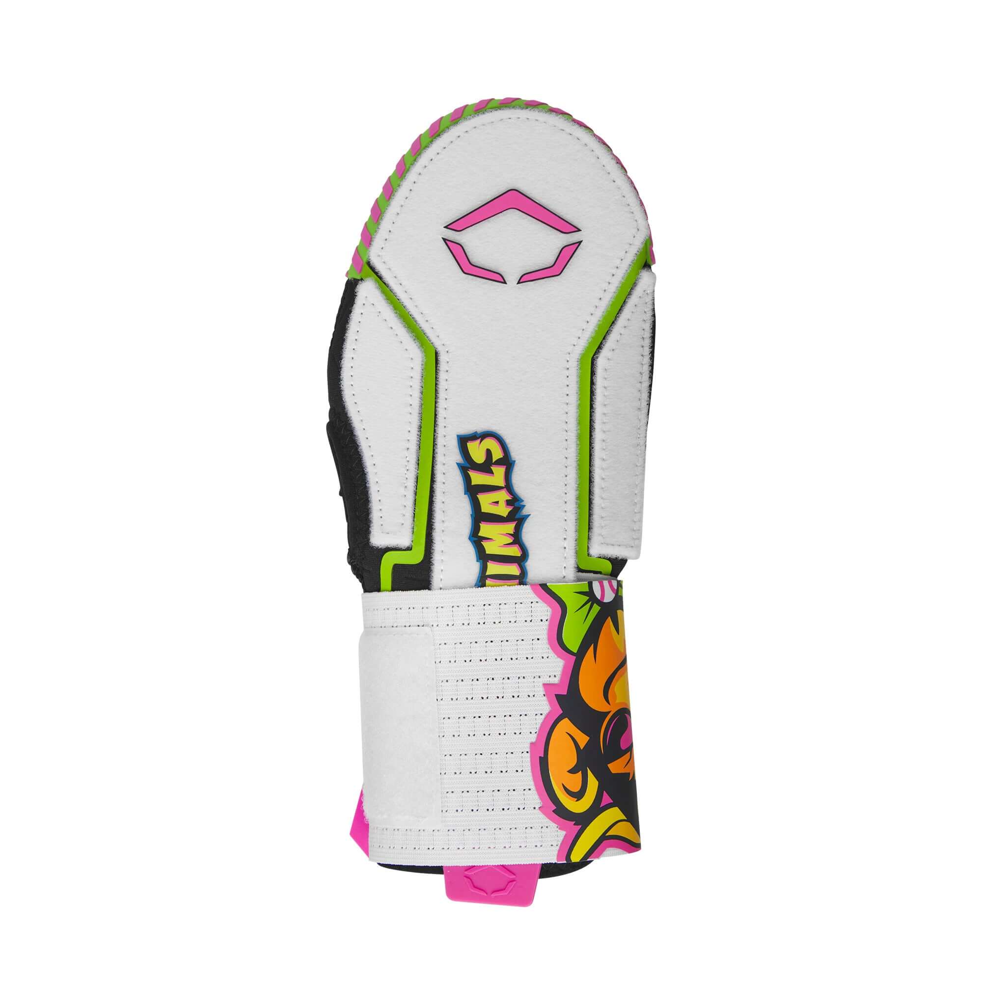 Evoshield X-SRZ Party Animals Sliding Mitt featuring vibrant logo and elastic strap for enhanced grip and protection.