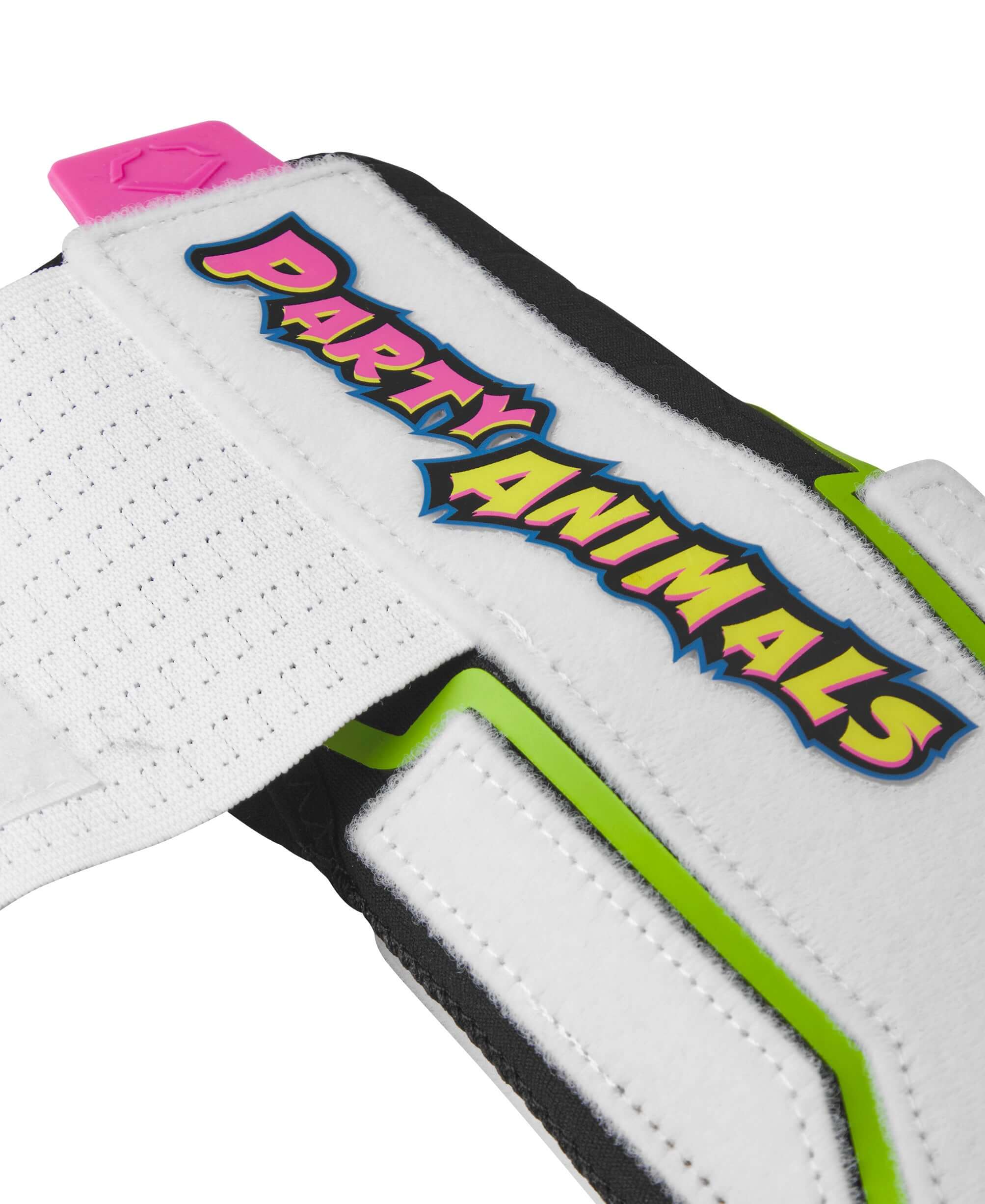 Evoshield X-SRZ Party Animals Sliding Mitt featuring vibrant logo and elastic compression strap for secure fit.