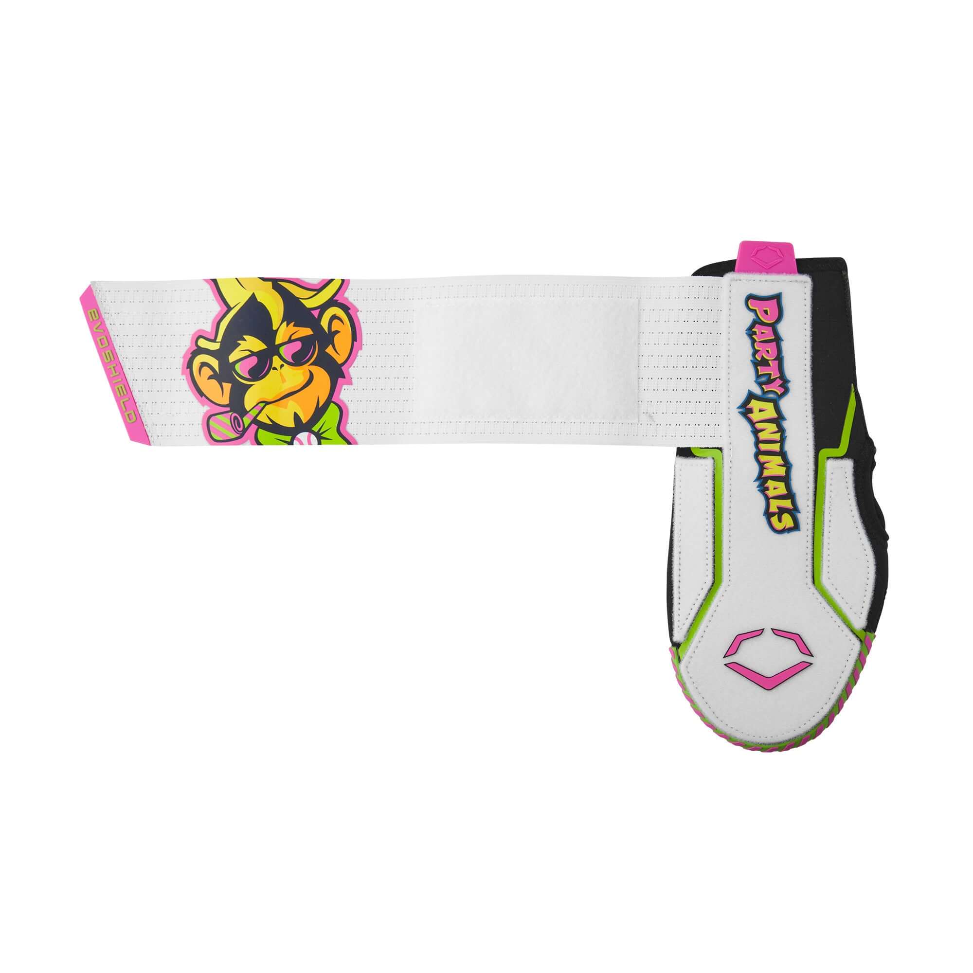 Evoshield X-SRZ Party Animals Sliding Mitt showcasing vibrant graphics and elastic compression strap for secure fit.