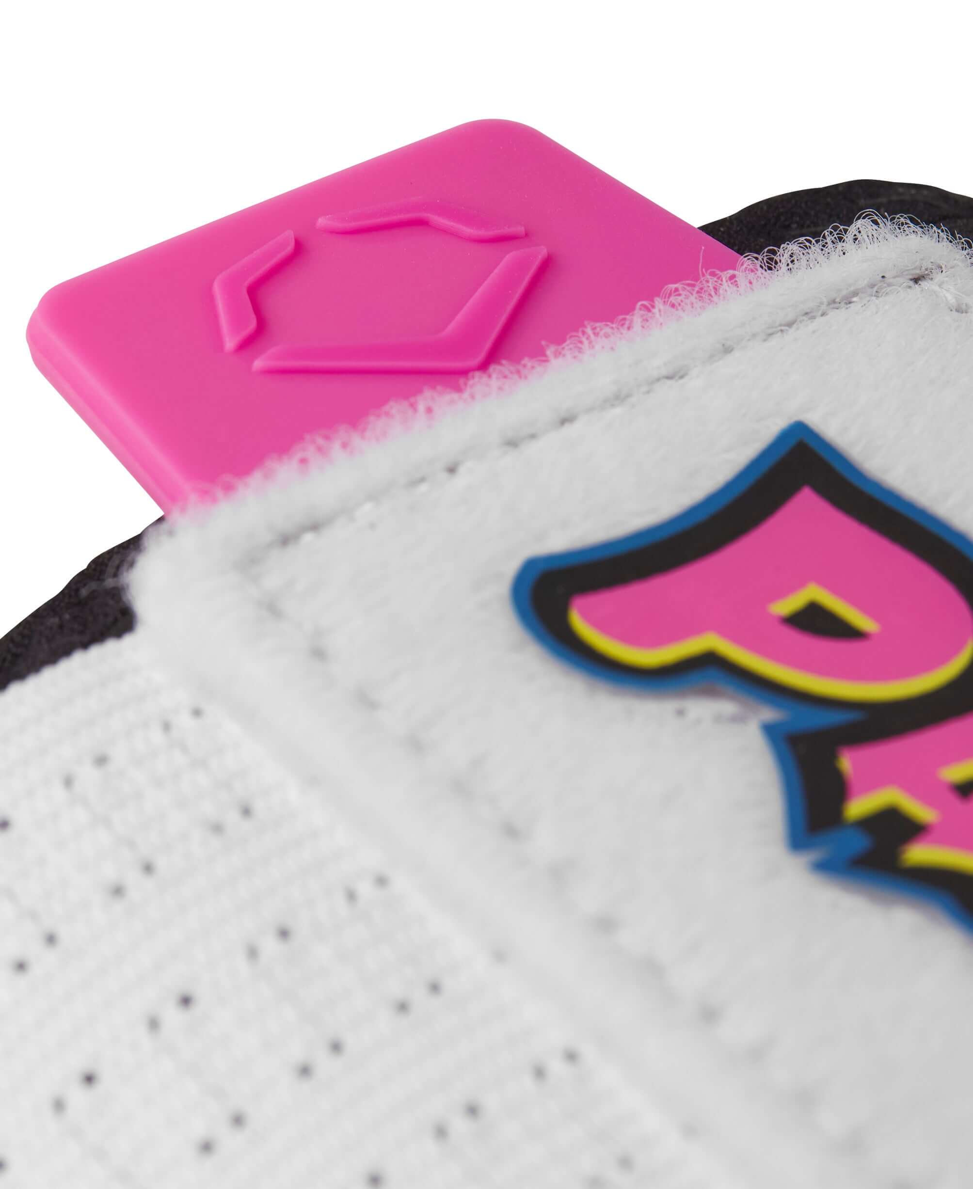 Close-up of the Evoshield X-SRZ Party Animals Sliding Mitt logo and strap, featuring vibrant colors and protective design.
