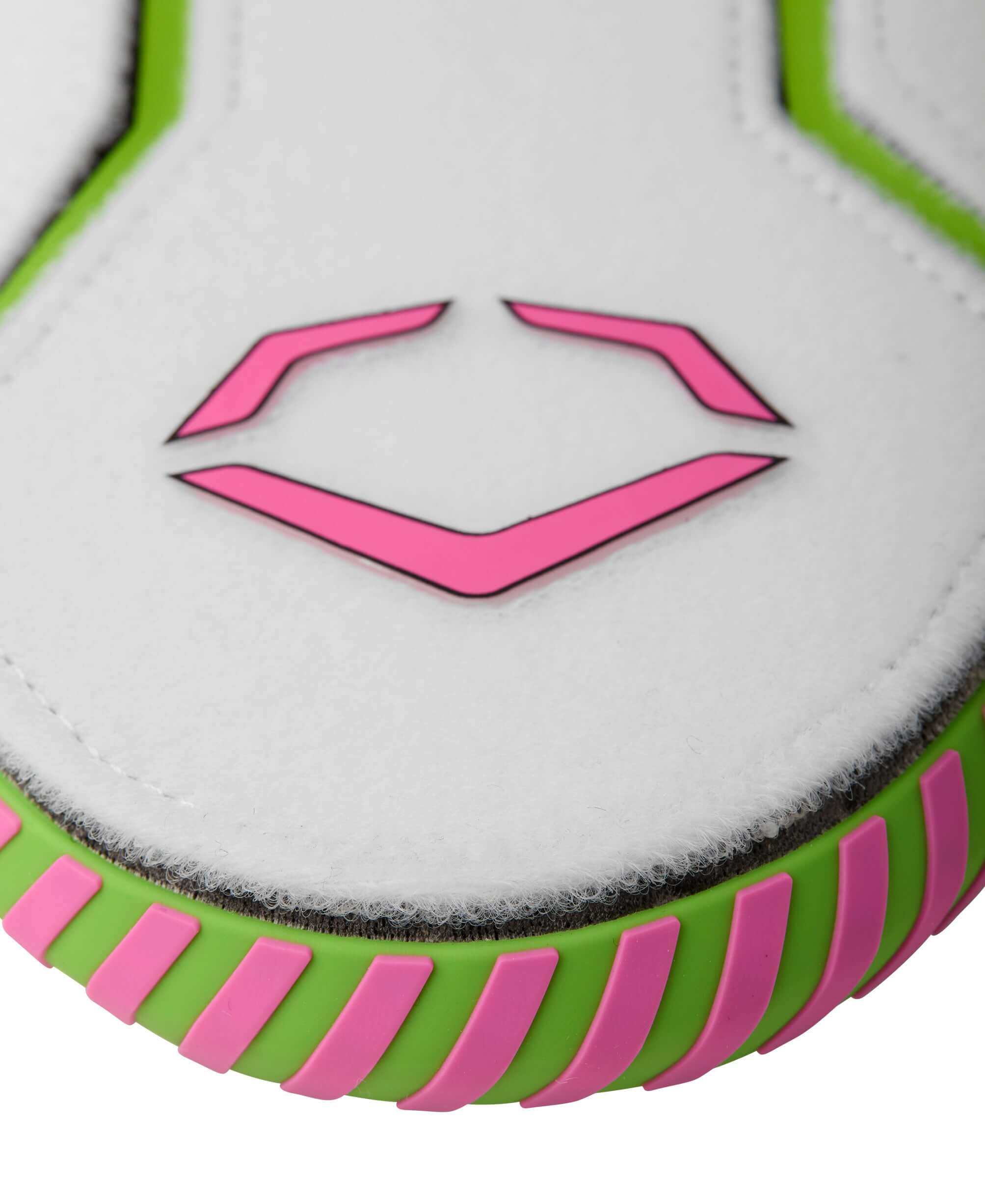 Close-up of the Evoshield X-SRZ Party Animals Sliding Mitt featuring vibrant pink and green design elements.