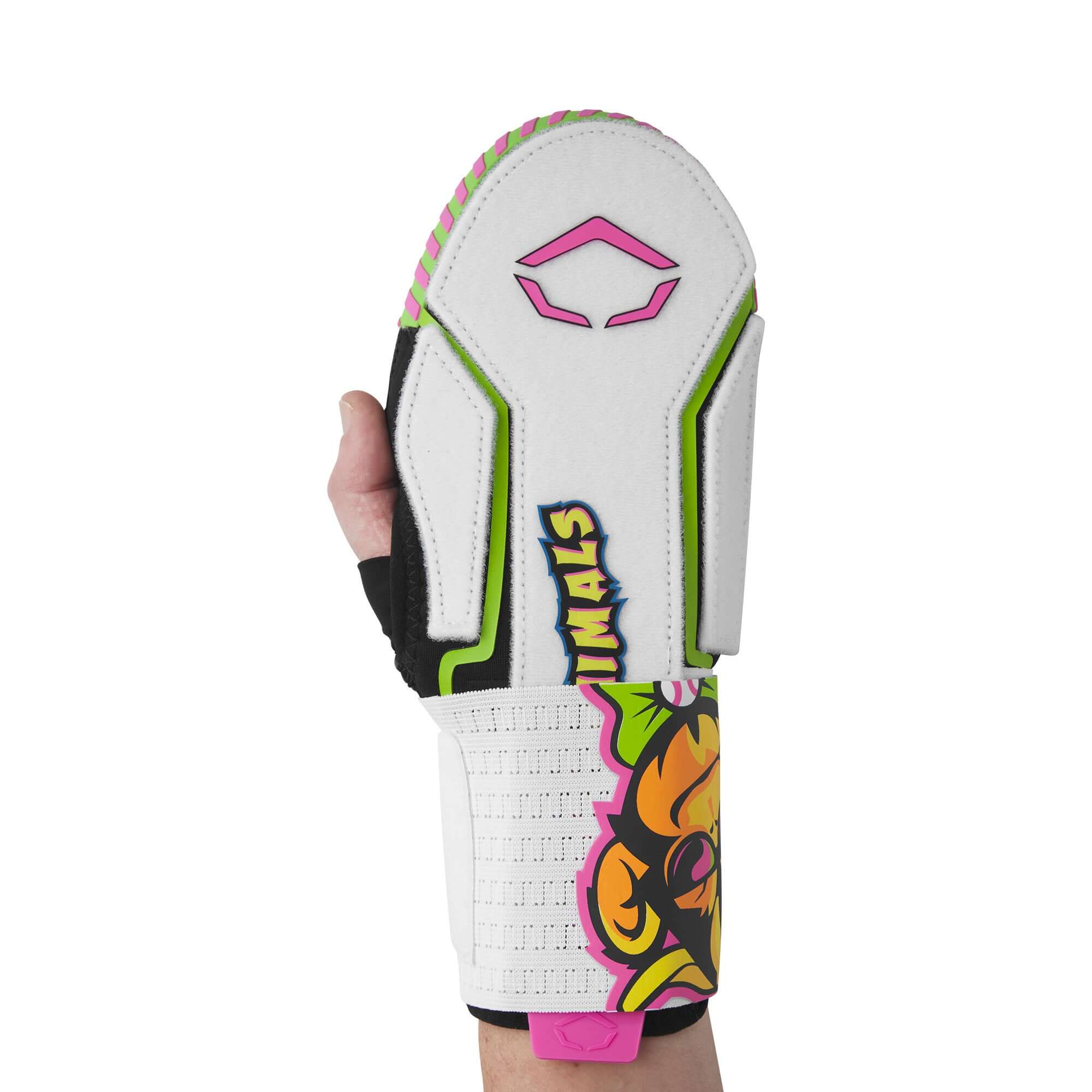 Hand wearing Evoshield X-SRZ Party Animals Sliding Mitt, showcasing vibrant logo and protective design for added base safety.