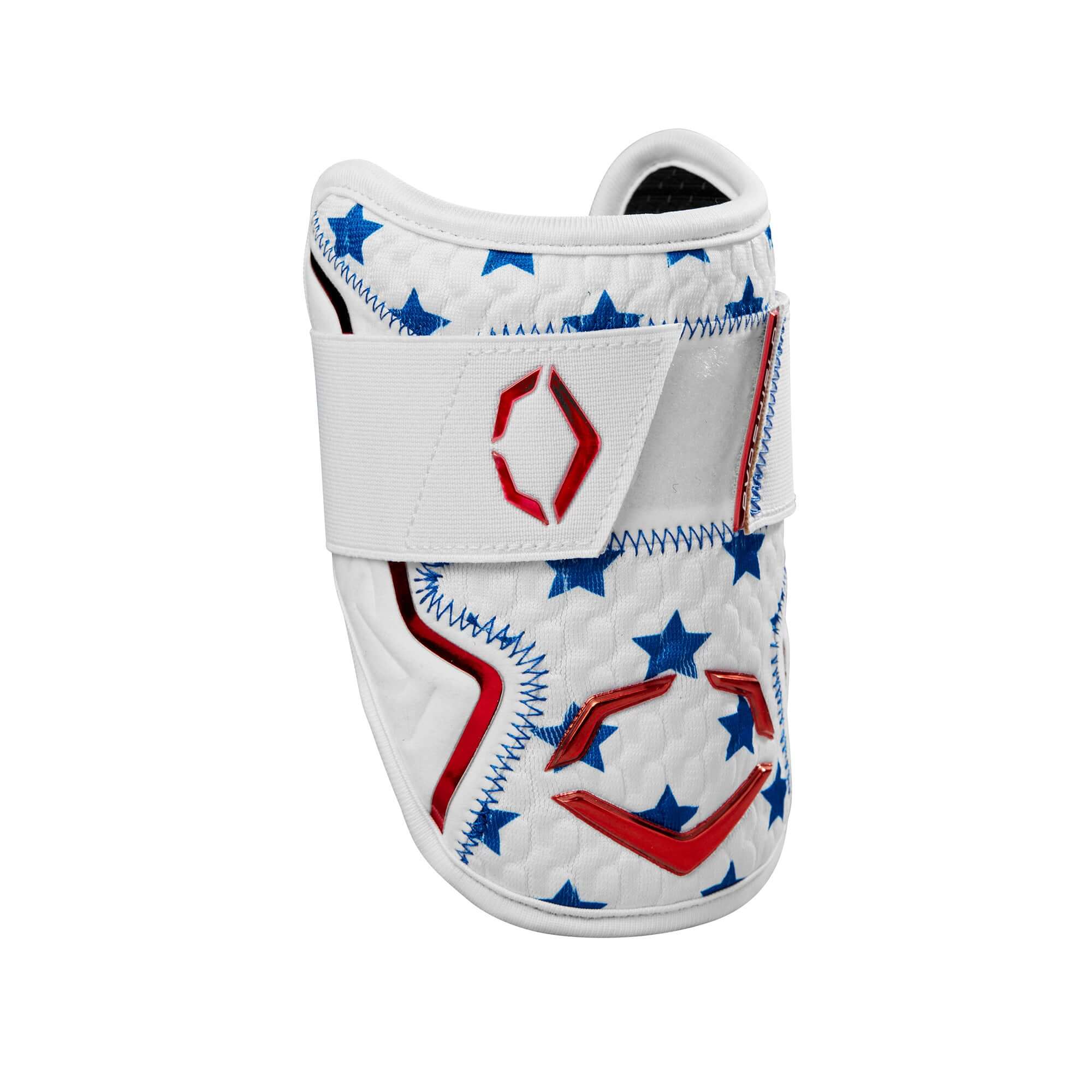 Evoshield X-SRZ Patriot Elbow Guard in white with red and blue stars, featuring ergonomic design and Gel-To-Shell Technology.