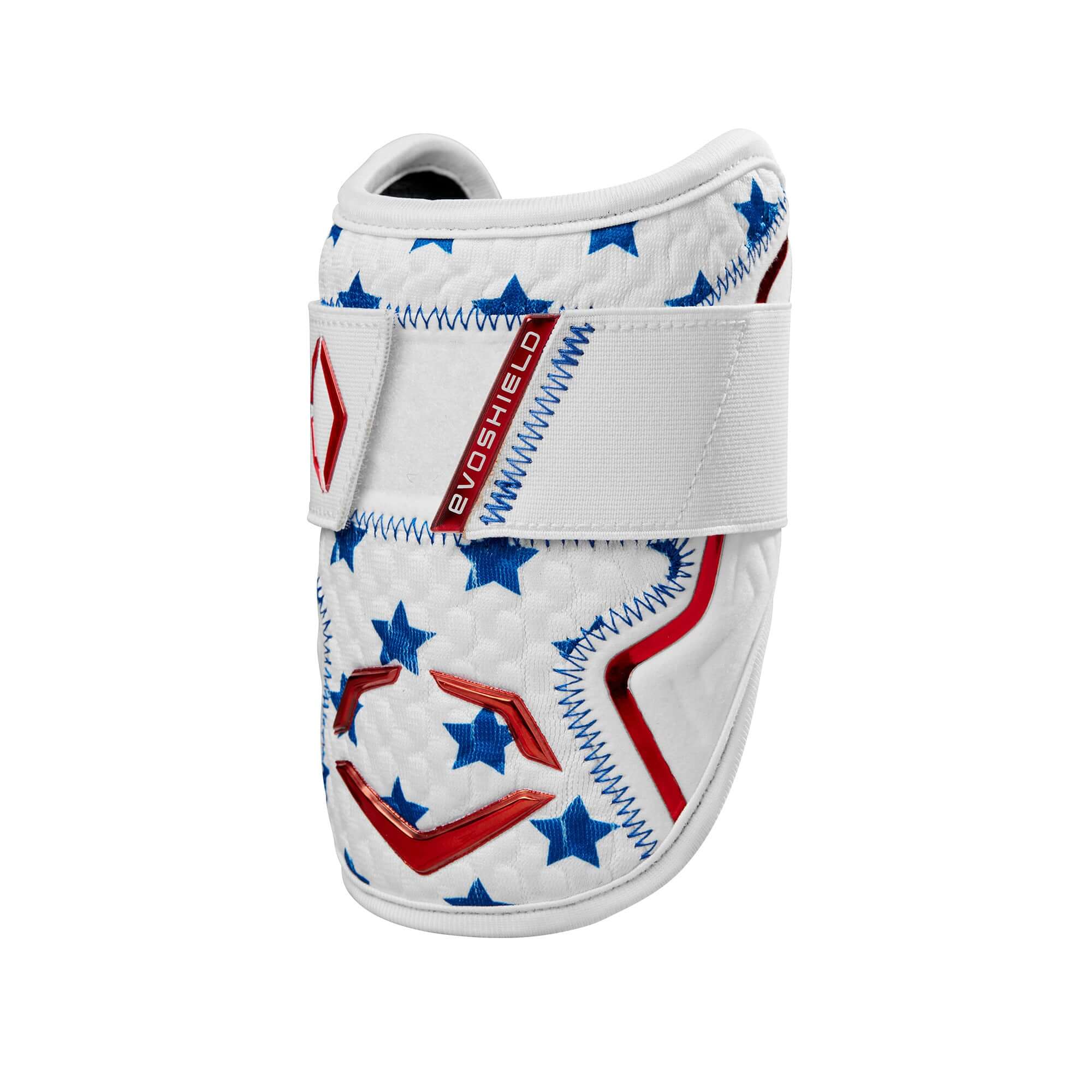 Evoshield X-SRZ Patriot Elbow Guard in white and royal blue with ergonomic design and stars pattern.