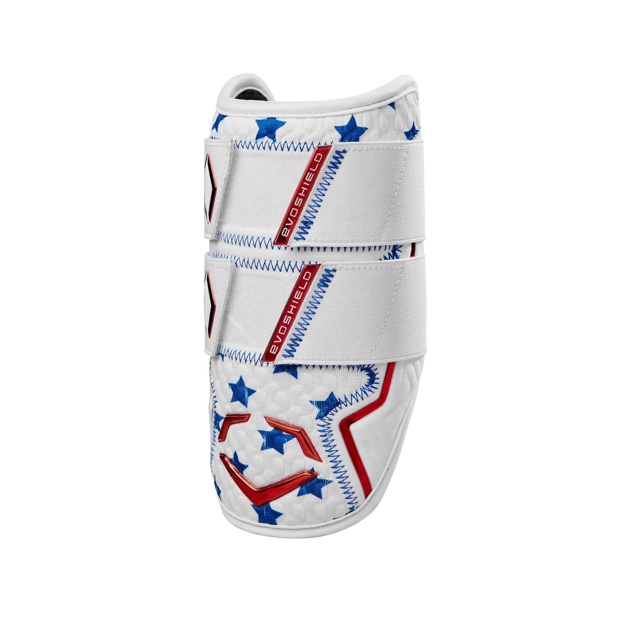 Evoshield X-SRZ Patriot Double Strap Elbow Guard in White, Royal, and Scarlet with ergonomic design and gel-to-shell technology.