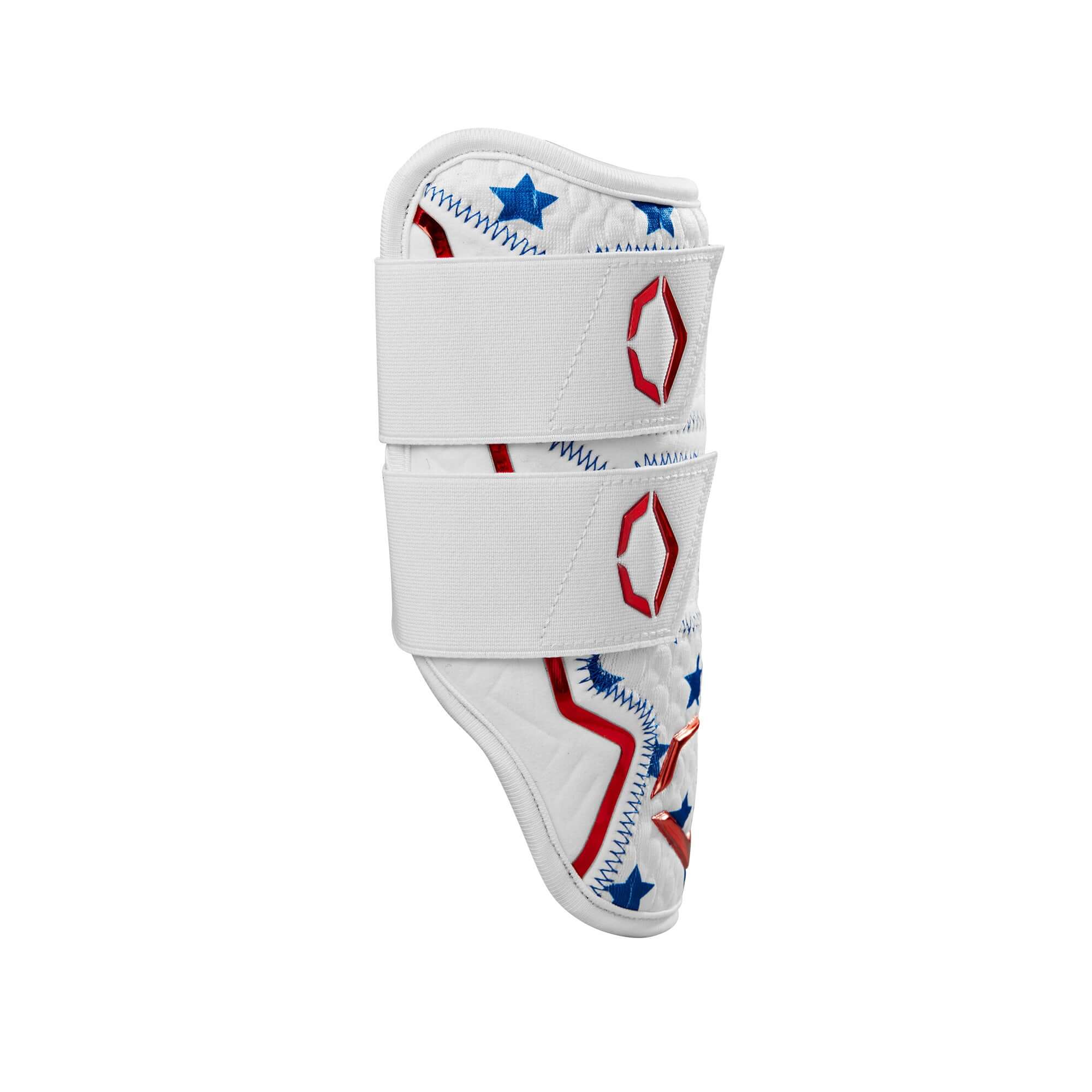 Evoshield X-SRZ Patriot Double Strap Elbow Guard in white, royal, and scarlet with star design and ergonomic fit.
