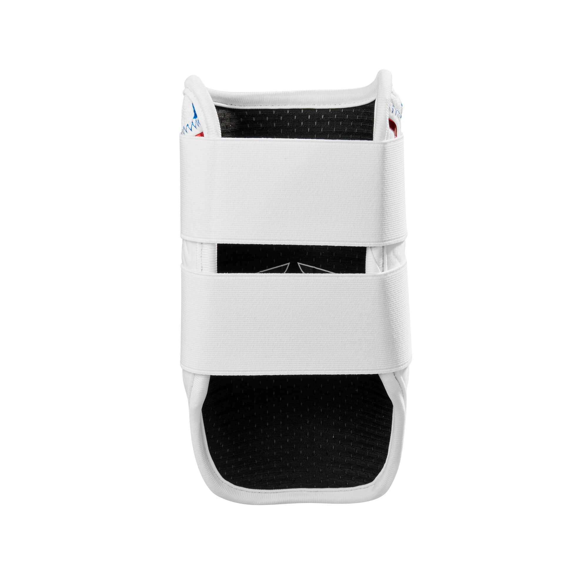 Evoshield X-SRZ Patriot Double Strap Elbow Guard in white and royal with scarlet accents, featuring gel-to-shell technology.