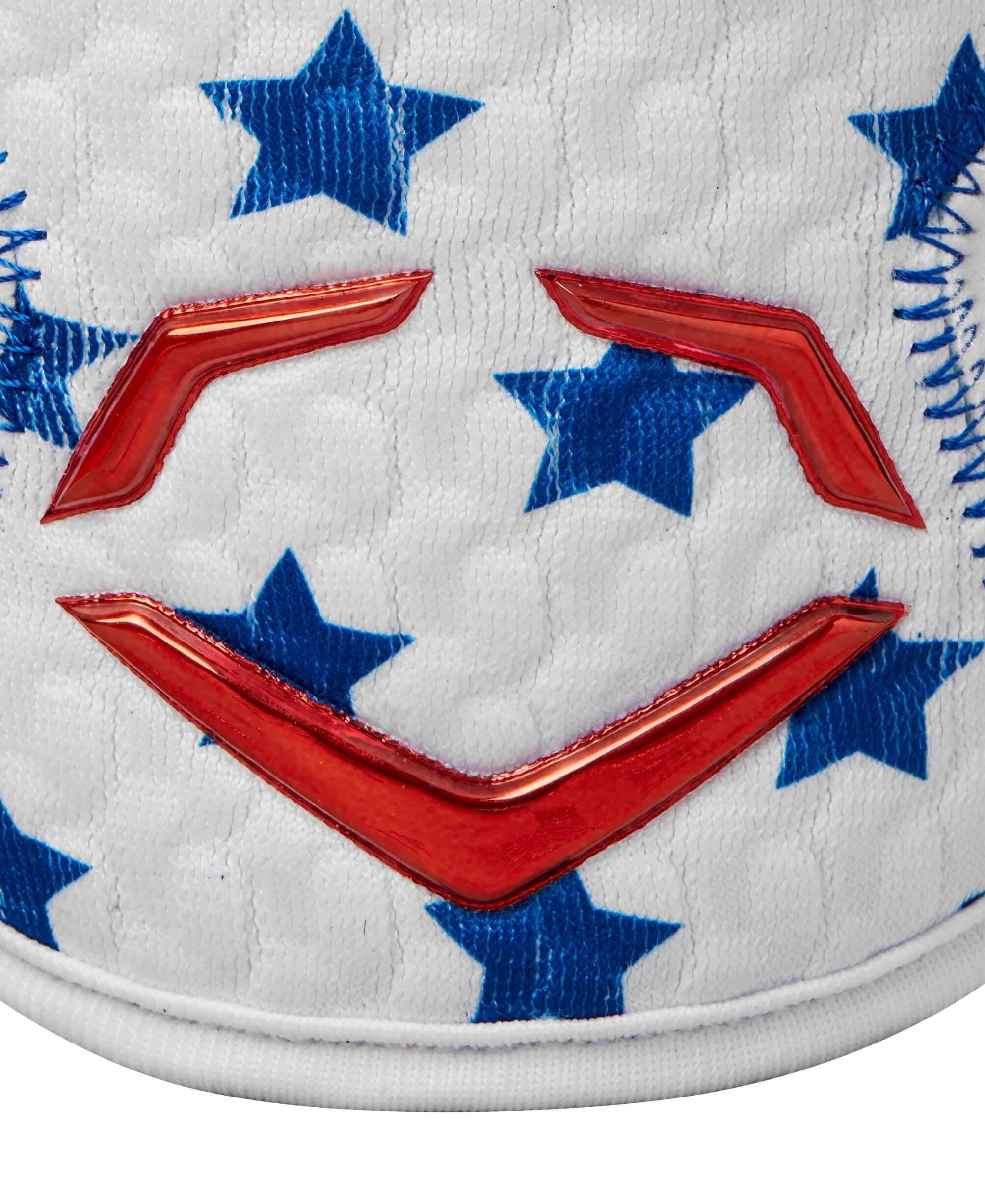 Evoshield X-SRZ Elbow Guard close-up featuring red and blue star pattern with logo details.