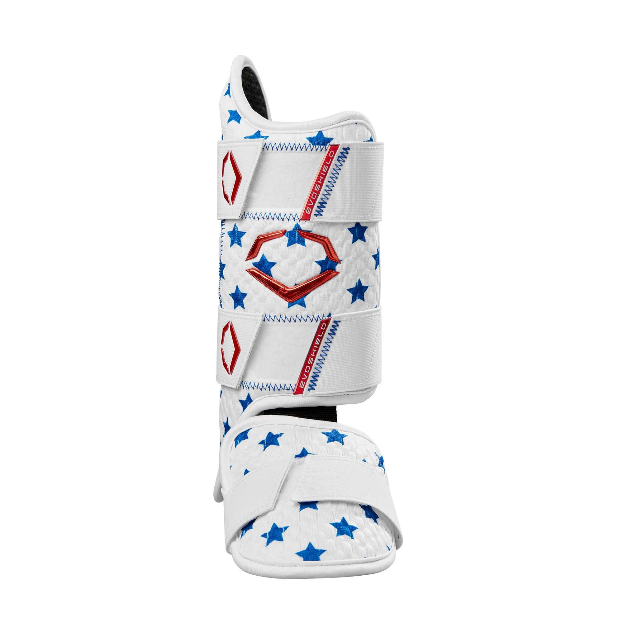 Evoshield X-SRZ Patriot Leg Guard in white with royal blue and scarlet stars, featuring adjustable straps for a custom fit.