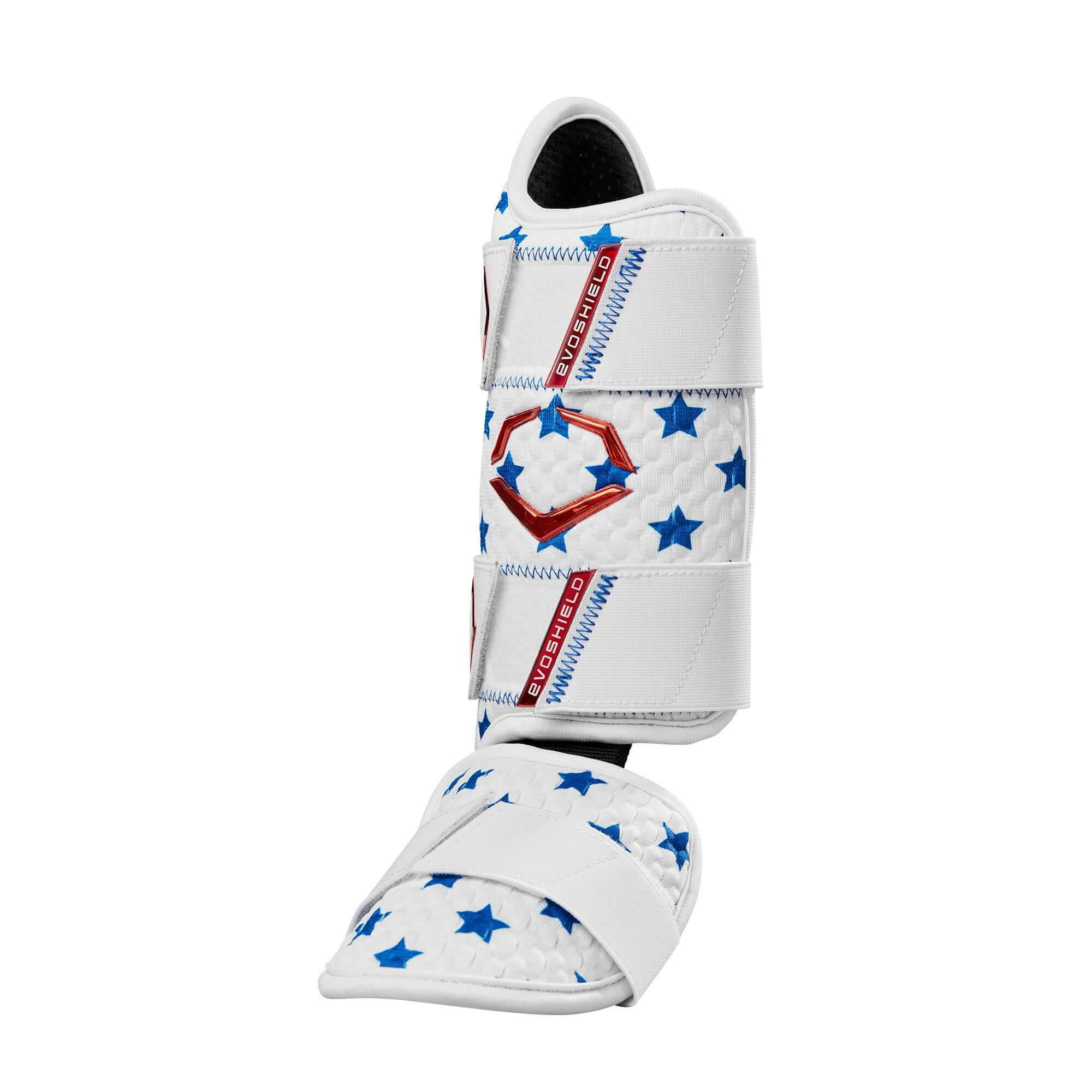 Evoshield X-SRZ Patriot Leg Guard in White with Royal and Scarlet stars, featuring Gel-To-Shell and Dispersion Technology for protection.