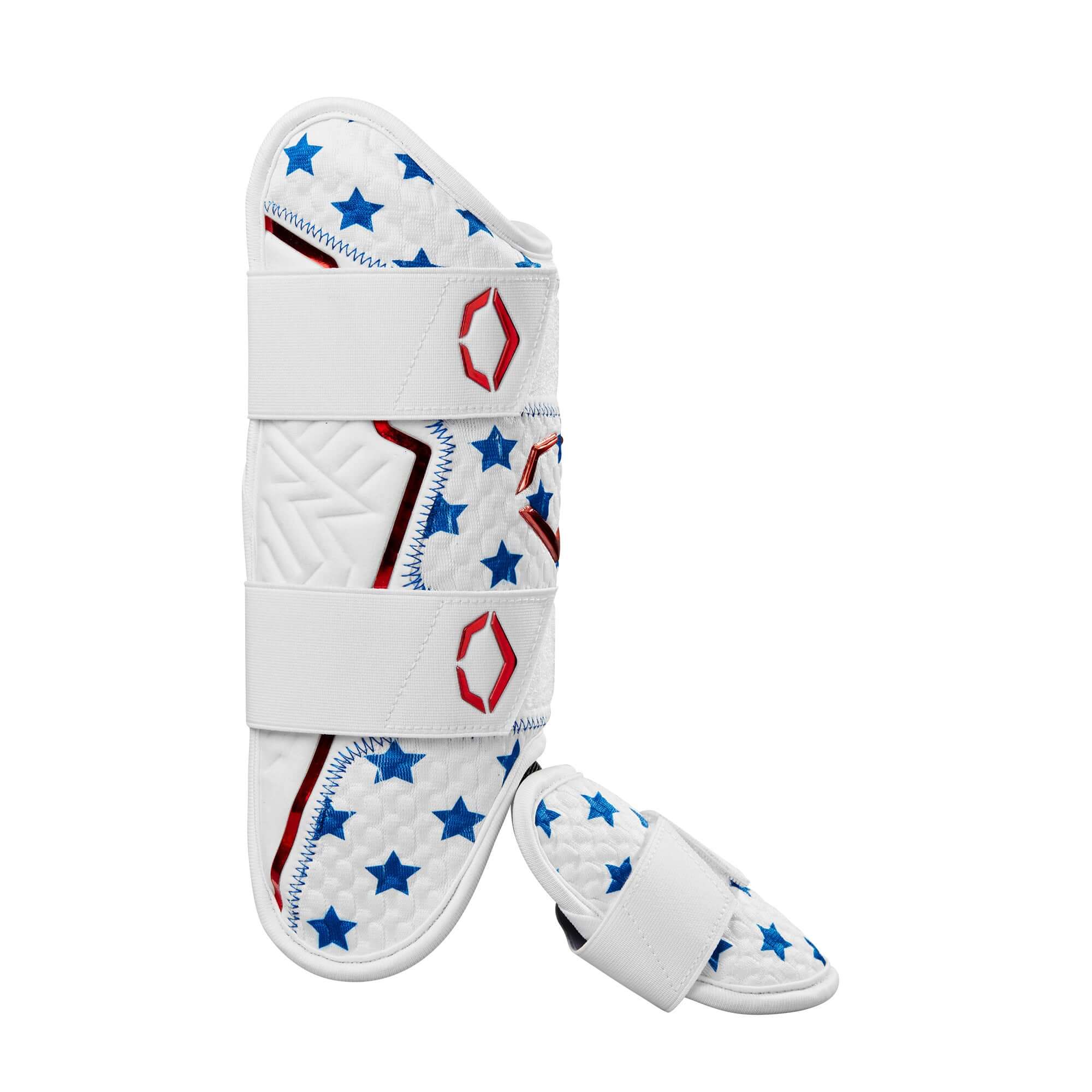 Evoshield X-SRZ Patriot Leg Guard in white, royal, and scarlet with star pattern, featuring adjustable straps for fit and protection.
