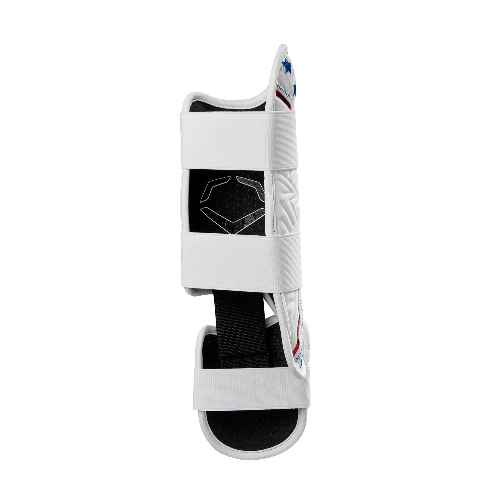 Evoshield X-SRZ Patriot Leg Guard in white, royal, and scarlet showing side view with adjustable straps and gel technology.
