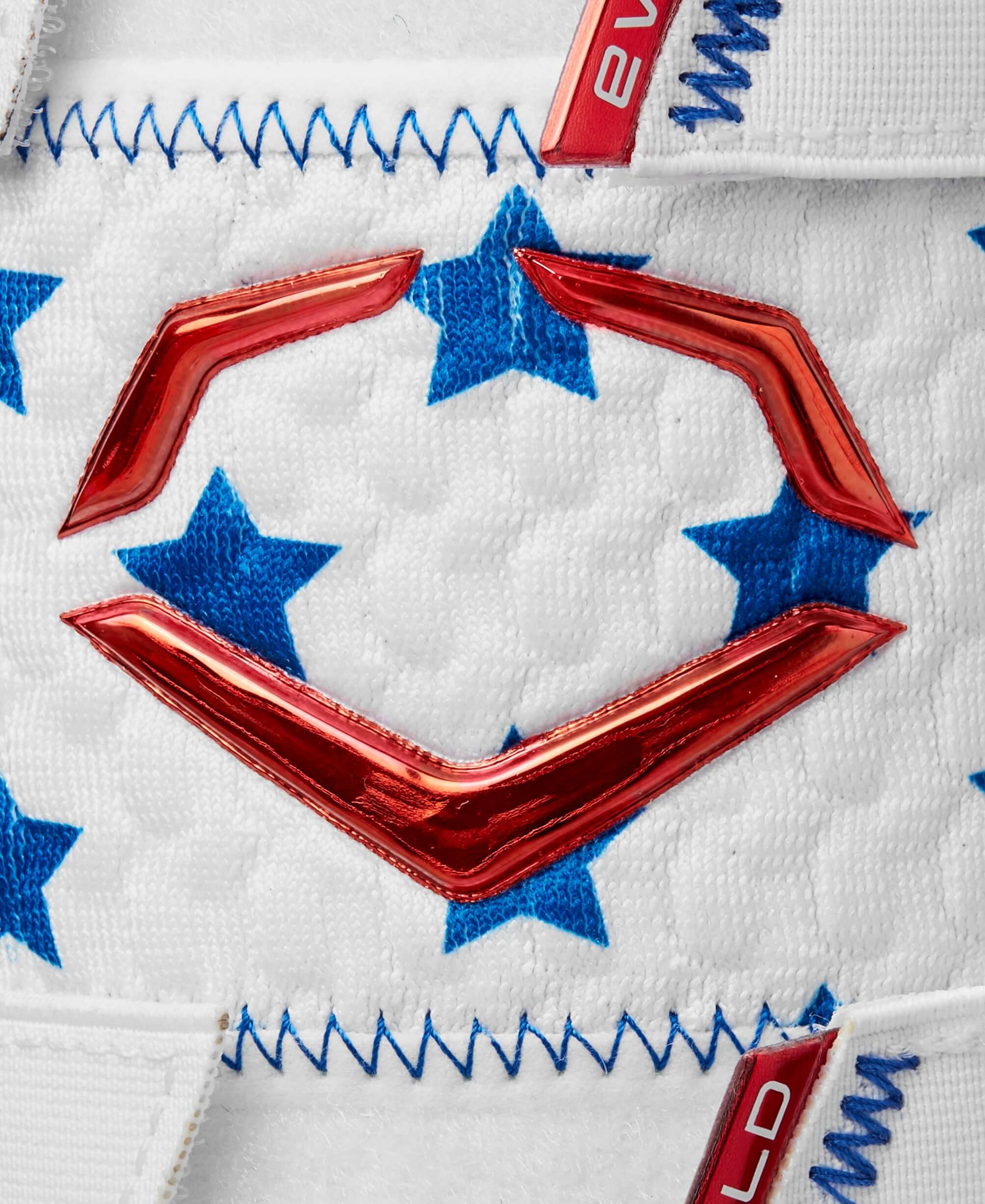 Close-up of Evoshield X-SRZ Patriot Leg Guard featuring red accents and blue stars on a white background.
