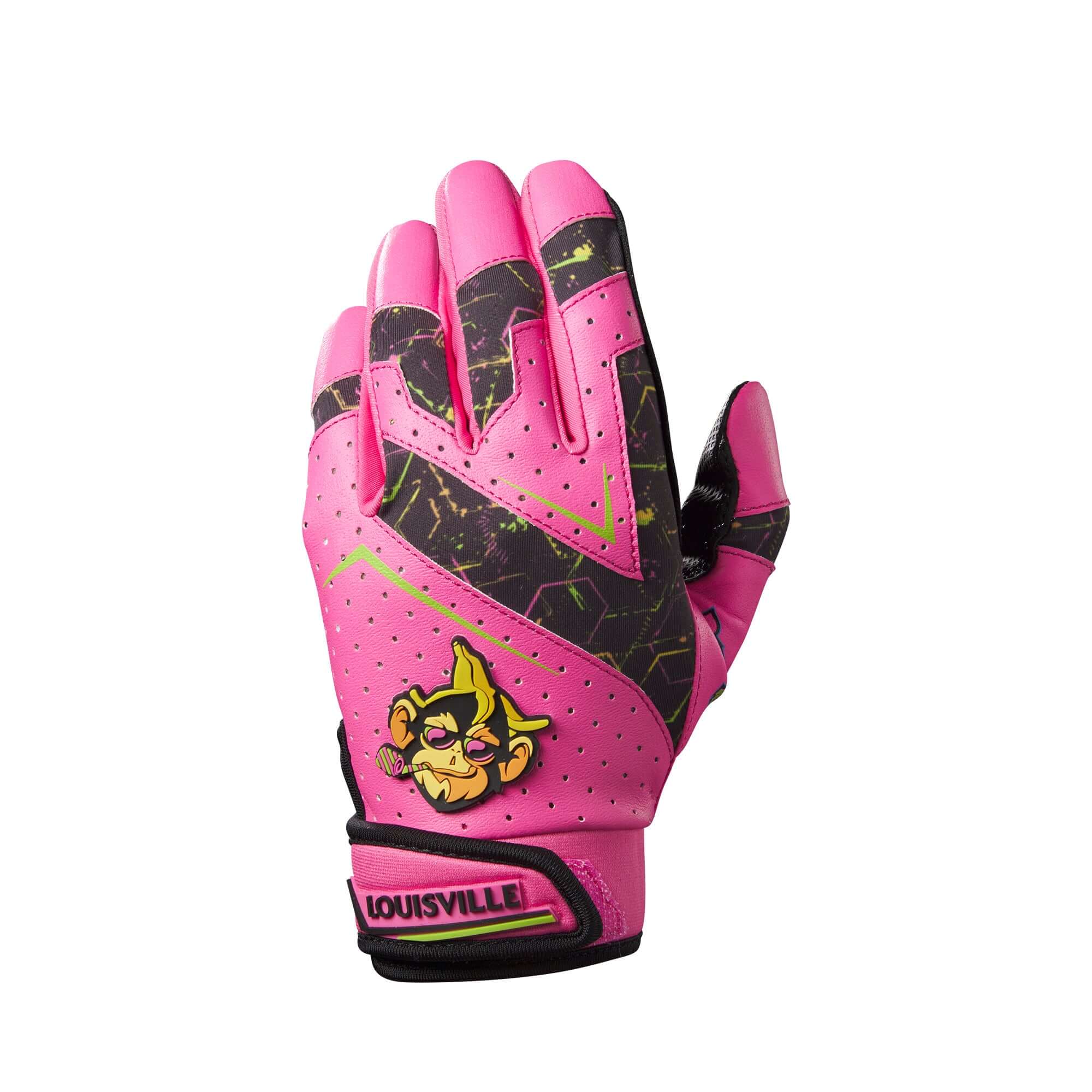 Louisville Slugger Party Animals Youth Genuine V2 Batting Gloves backhand view in pink and black with logo detail.