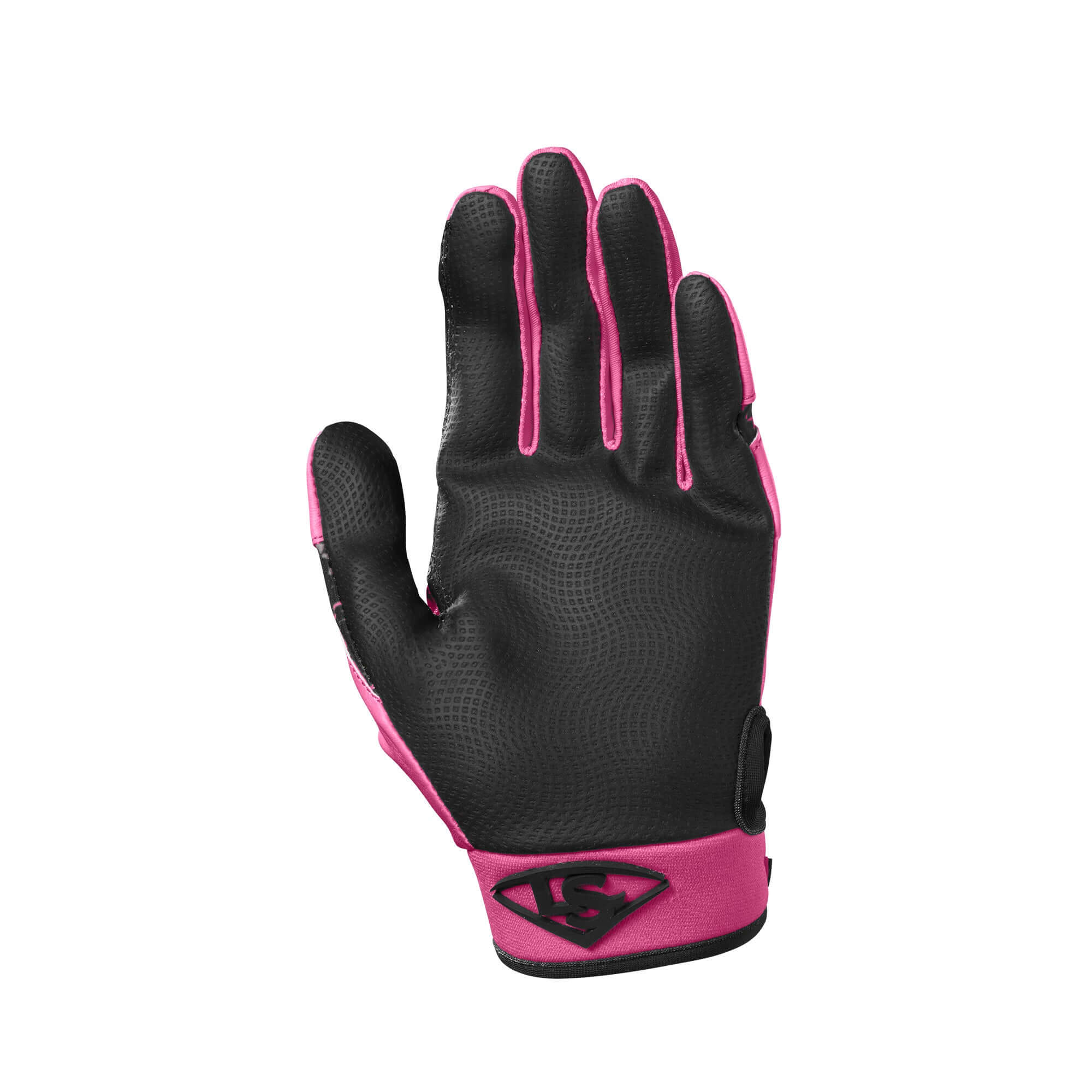 Louisville Slugger Party Animals Youth Genuine V2 Batting Gloves backhand view, black and pink design with logo patch.