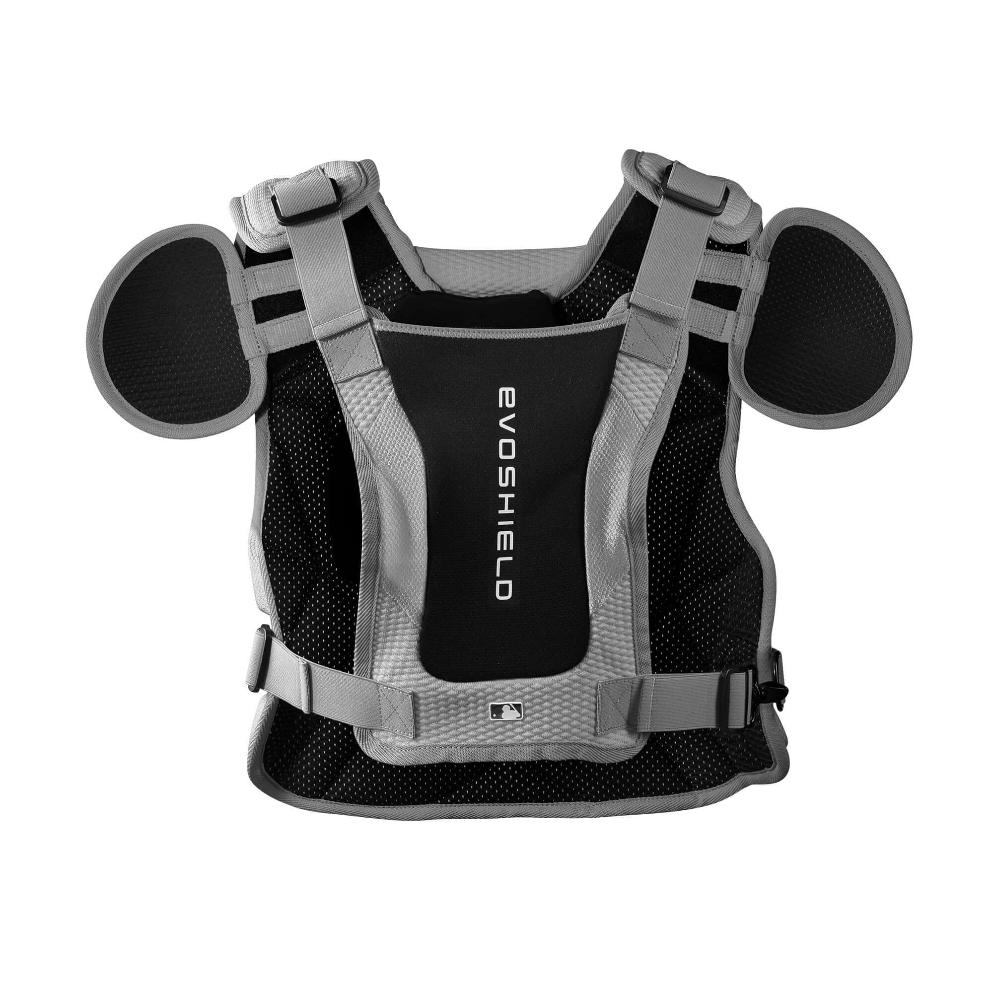 Evoshield Pro-SRZ 2.0 catcher's chest protector in gray, designed for maximum protection and comfort for adult baseball players.