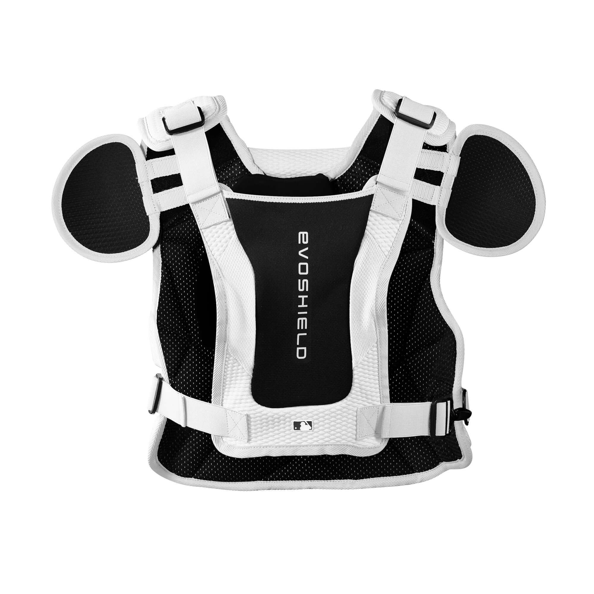 Evoshield Pro-SRZ 2.0 Baseball Catcher's Chest Protector in black and white, designed for maximum comfort and protection.