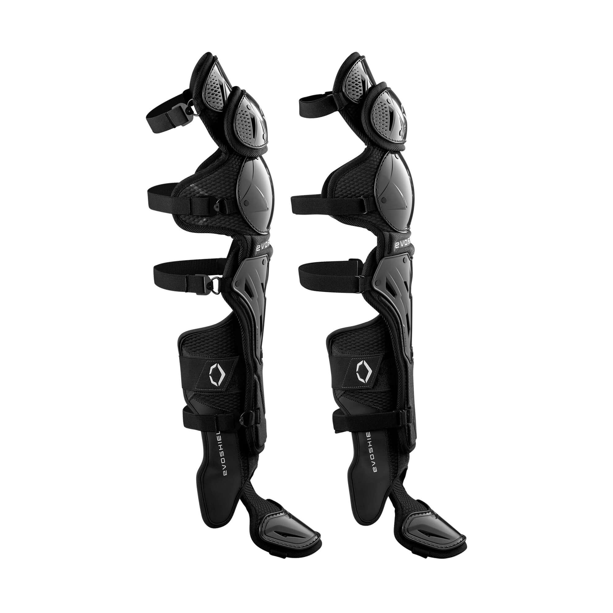 Evoshield Pro-SRZ 2.0 Baseball Leg Guards in black, featuring Gel-to-Shell technology for superior protection.