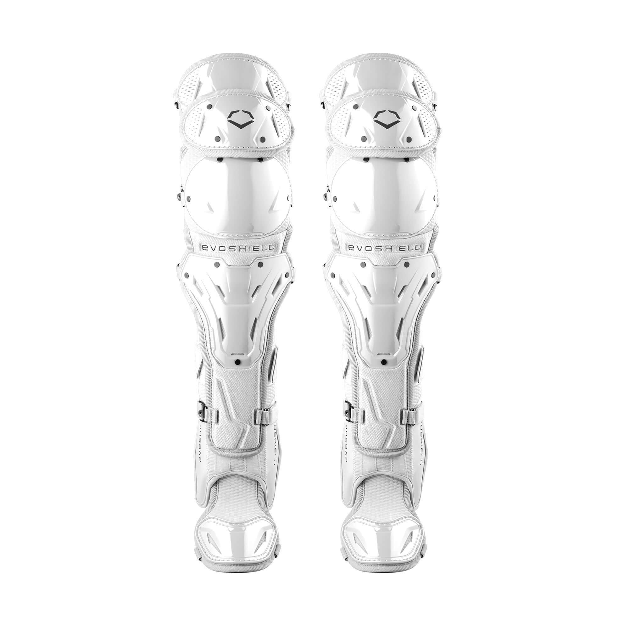 Evoshield Pro-SRZ 2.0 adult baseball leg guards in white, designed for protection and mobility in catching.