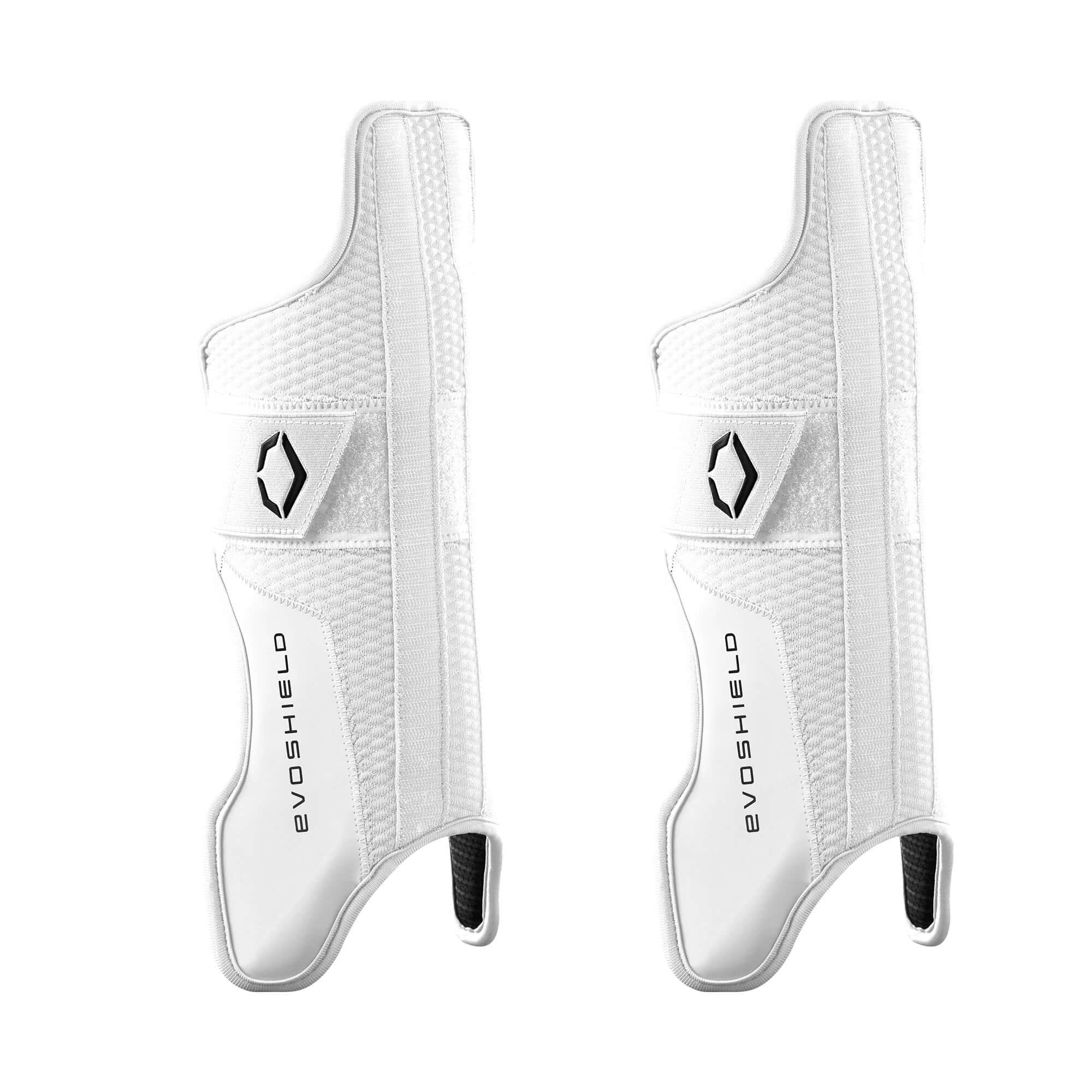 Evoshield Pro-SRZ 2.0 Catcher's Lower Leg Guards in white with Gel-to-Shell technology for optimal shin and ankle protection.