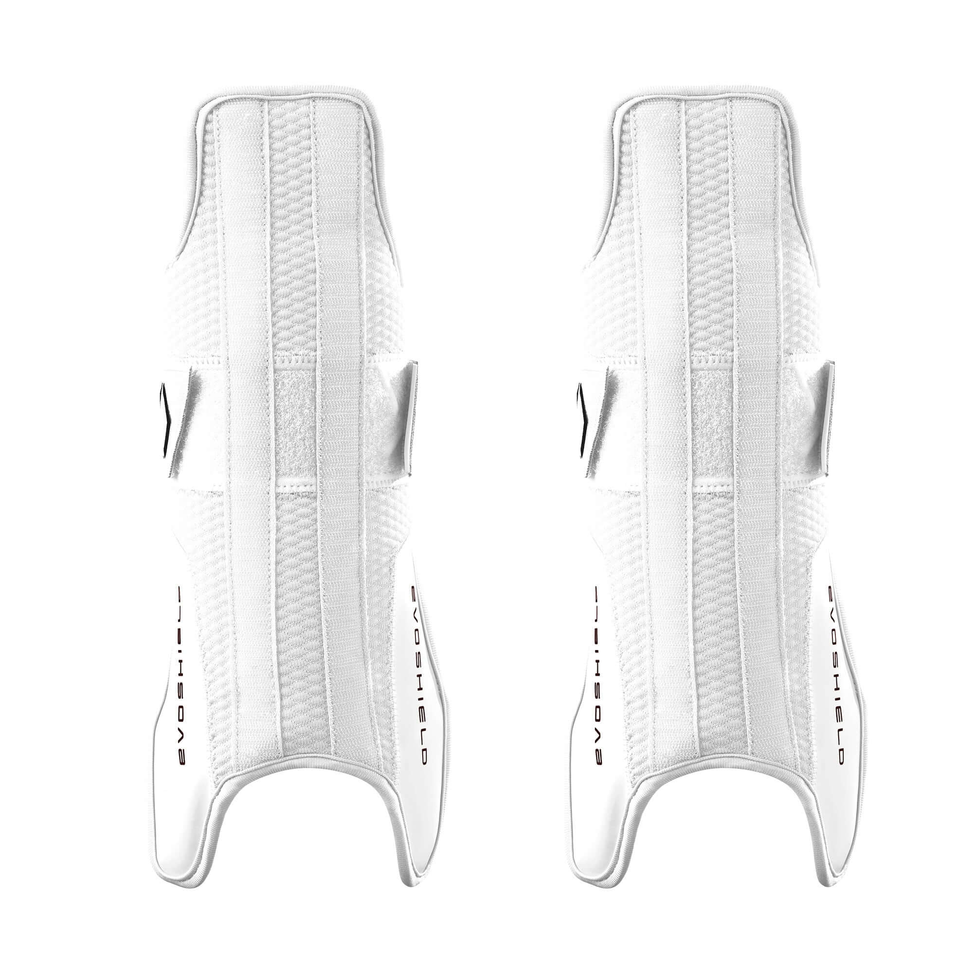 EvoShield Pro-SRZ 2.0 Catcher's Lower Leg Guards in white, featuring Gel-to-Shell technology for enhanced protection.