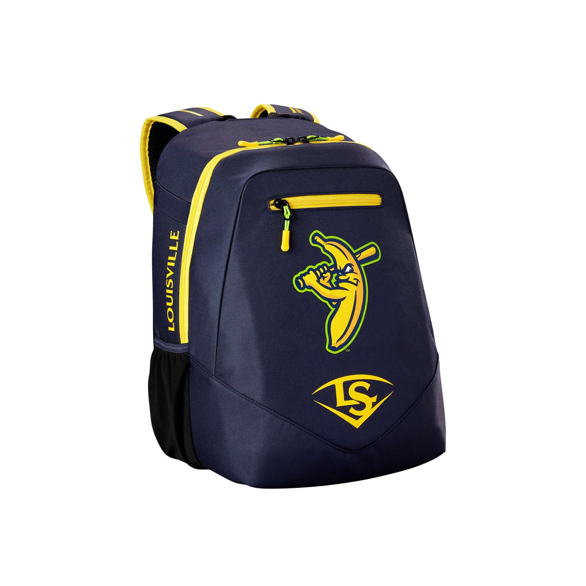 Louisville Slugger Bananas Powerized Stick Pack front view navy blue and banana yellow baseball gear bag