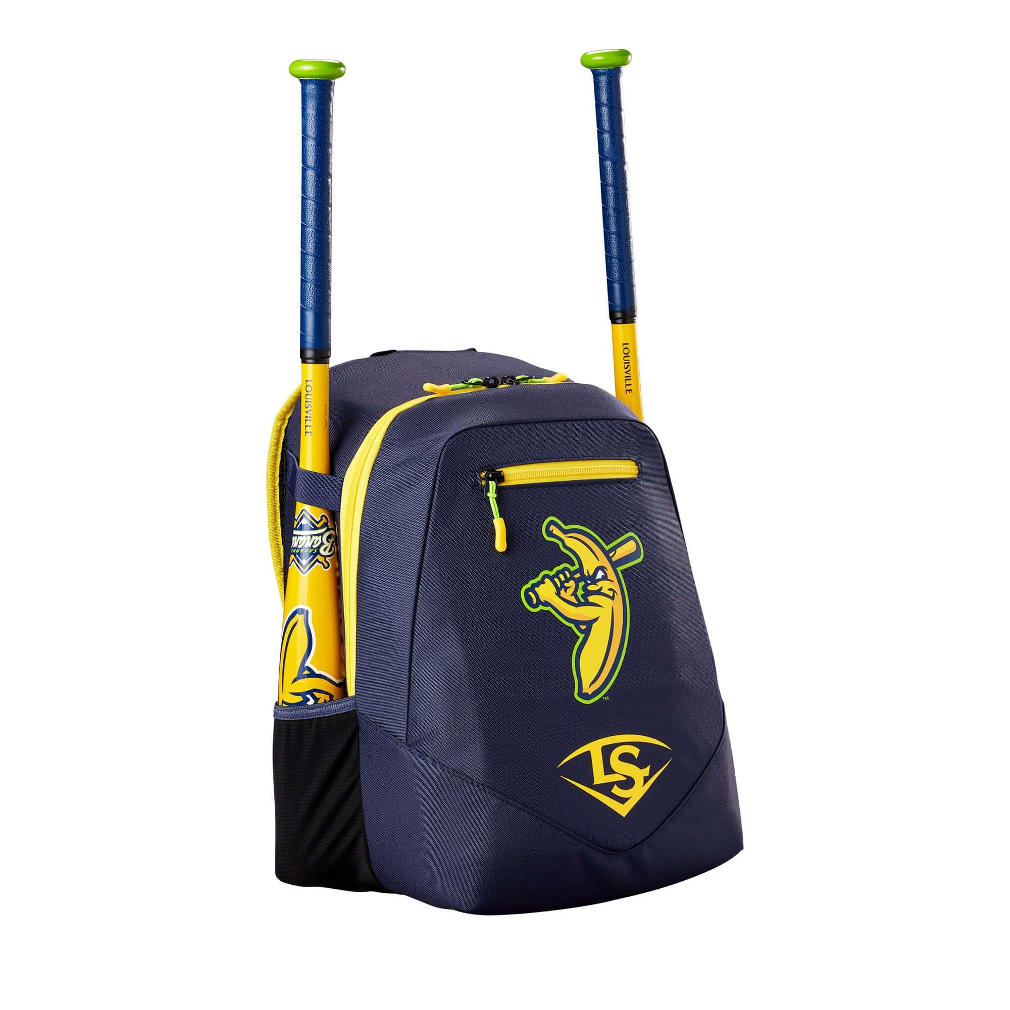 Louisville Slugger Bananas Powerized Stick Pack carrying baseball bats in mesh bat sleeves navy and banana yellow
