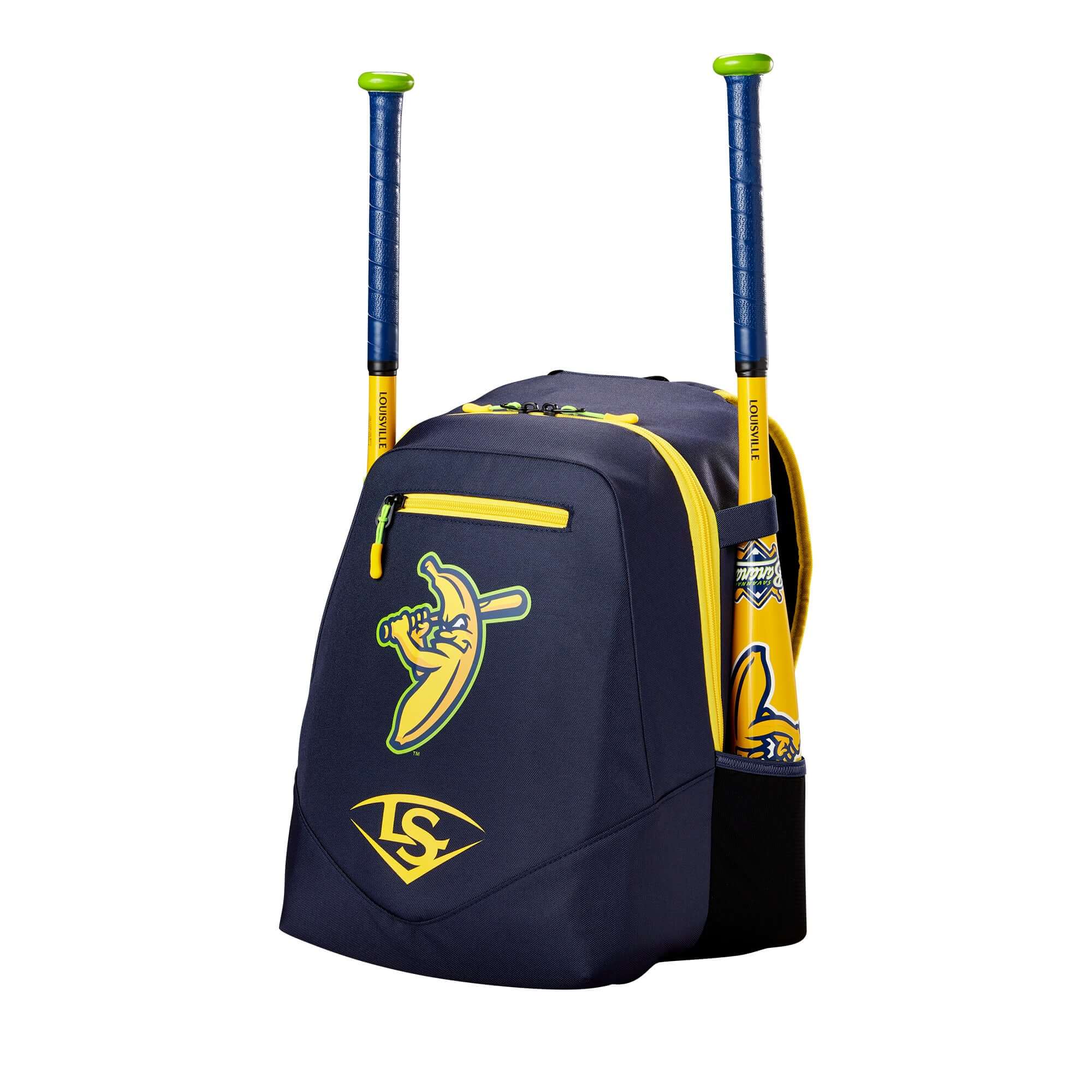 Louisville Slugger Bananas Powerized Stick Pack holding baseball bats in side mesh bat sleeves navy banana yellow bag