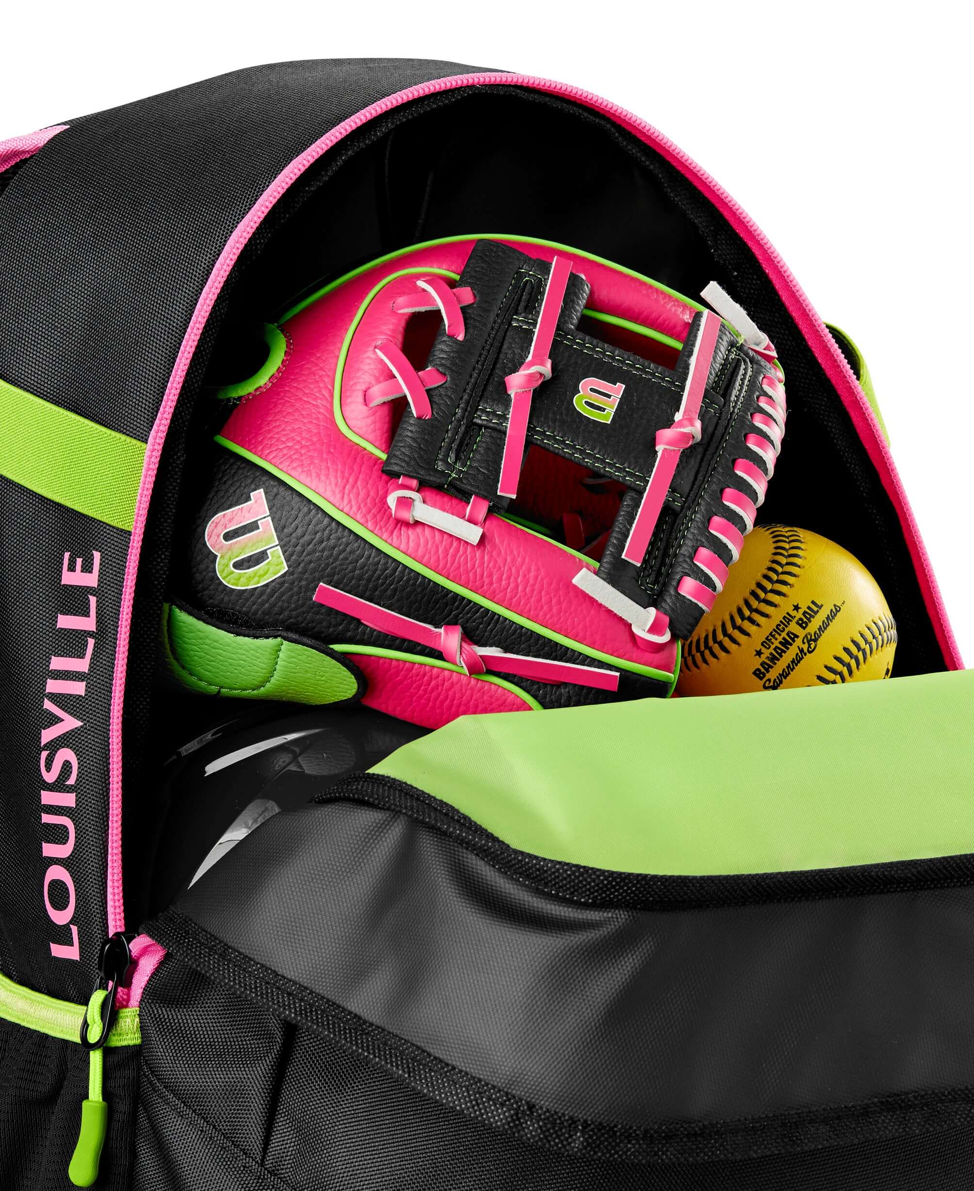 Louisville Slugger Party Animals Stick Pack main compartment with baseball glove inside