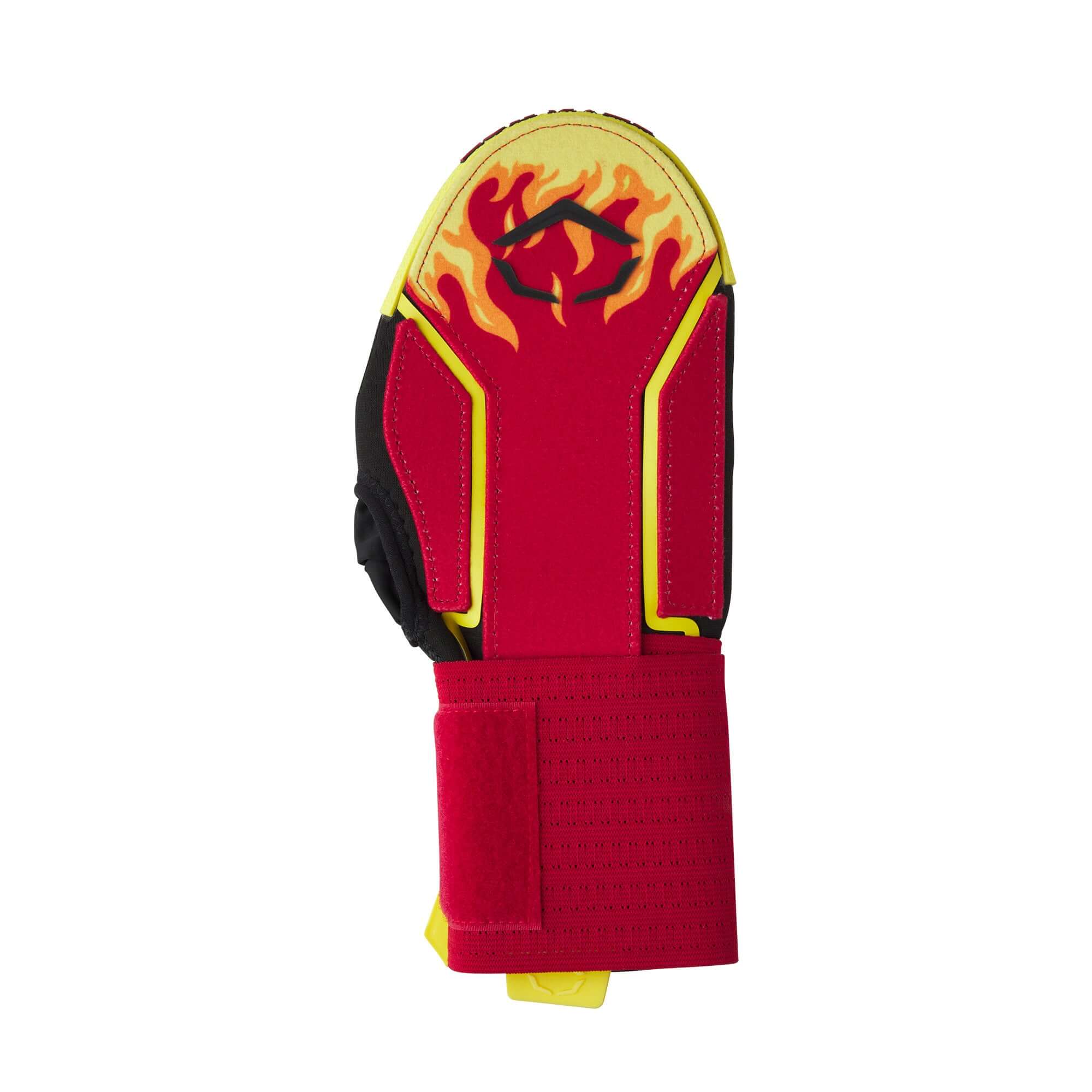 Evoshield X-SRZ Stay Hot Sliding Mitt 2.0 with flame design for baseball and softball players, featuring protective plates and elastic strap.