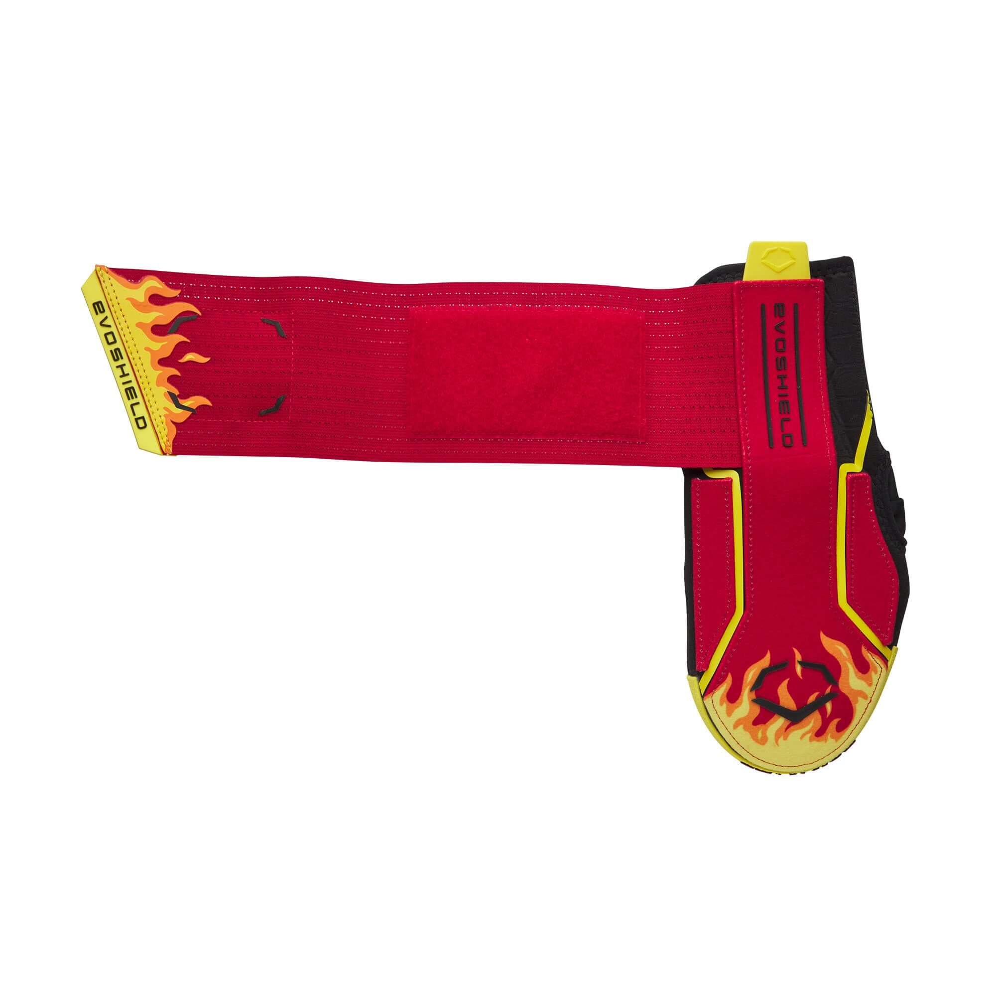 Evoshield X-SRZ Stay Hot Sliding Mitt 2.0 featuring flames design and elastic strap for baseball and softball players.