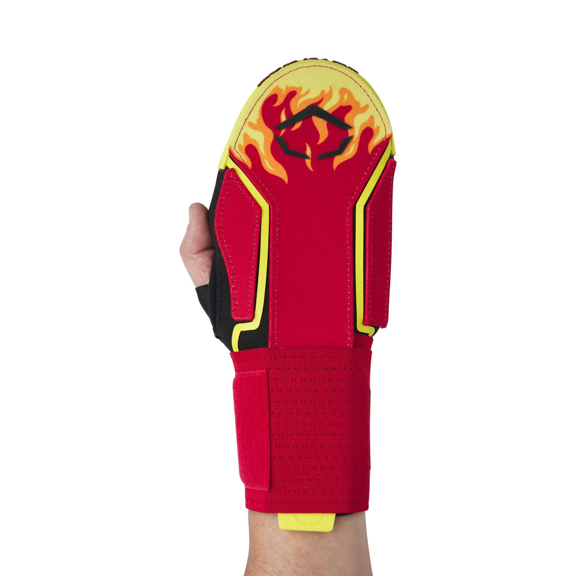 Evoshield X-SRZ Stay Hot Sliding Mitt 2.0 with flames design, showcasing the palm and protective features for baseball players.