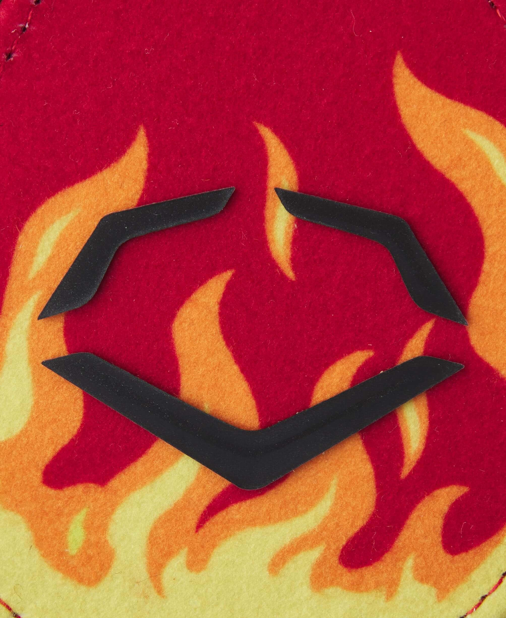 Close-up of Evoshield X-SRZ Stay Hot Sliding Mitt 2.0 protective plates with flame design, enhancing grip and dexterity.